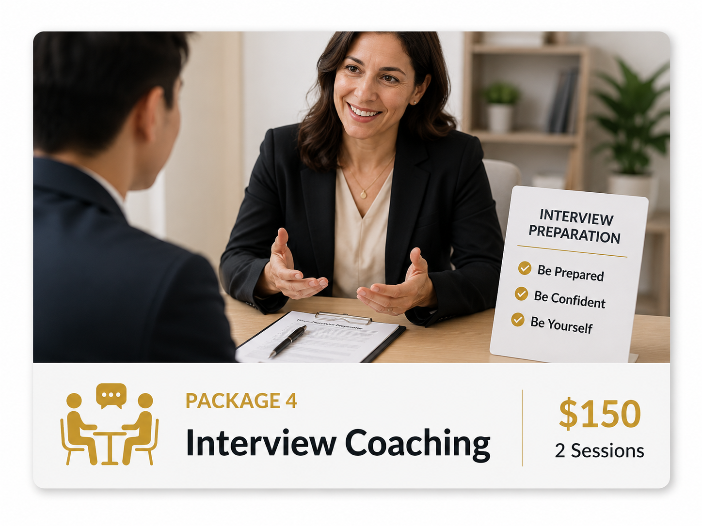 Professional interview coaching, one-on-one interview preparation focused on confidence, communication, and successful interview performance.