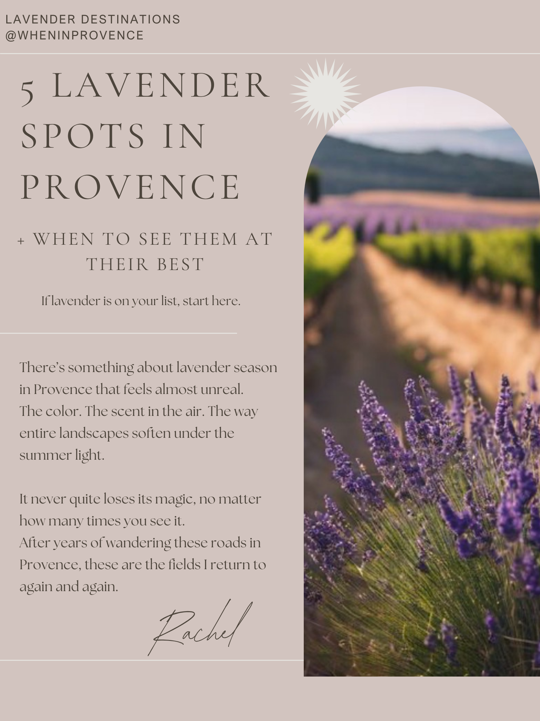 A promotional graphic for lavender destinations in Provence, featuring a background image of a lavender field with mountains, and overlay text about spotting lavender in Provence and the magic of lavender season.
