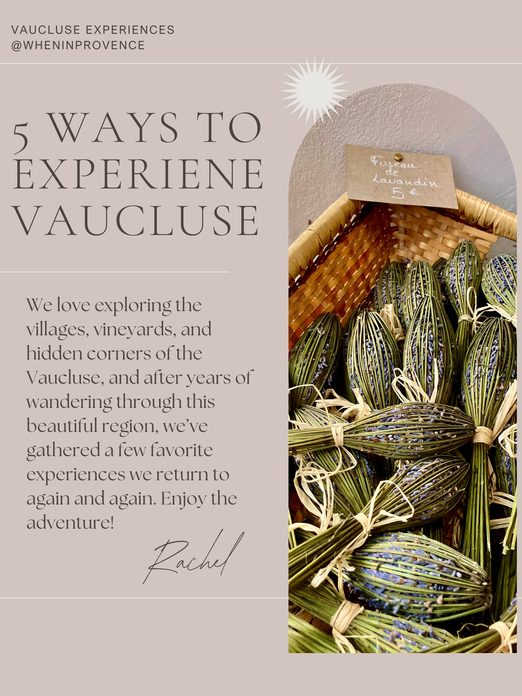A webpage promoting Vaucluse experiences with the title "5 Ways to Experience Vaucluse," featuring a paragraph about exploring villages and vineyards, and an image of lavender bundles for sale with a sign that reads "Fuséeau de Lavandin 5€."
