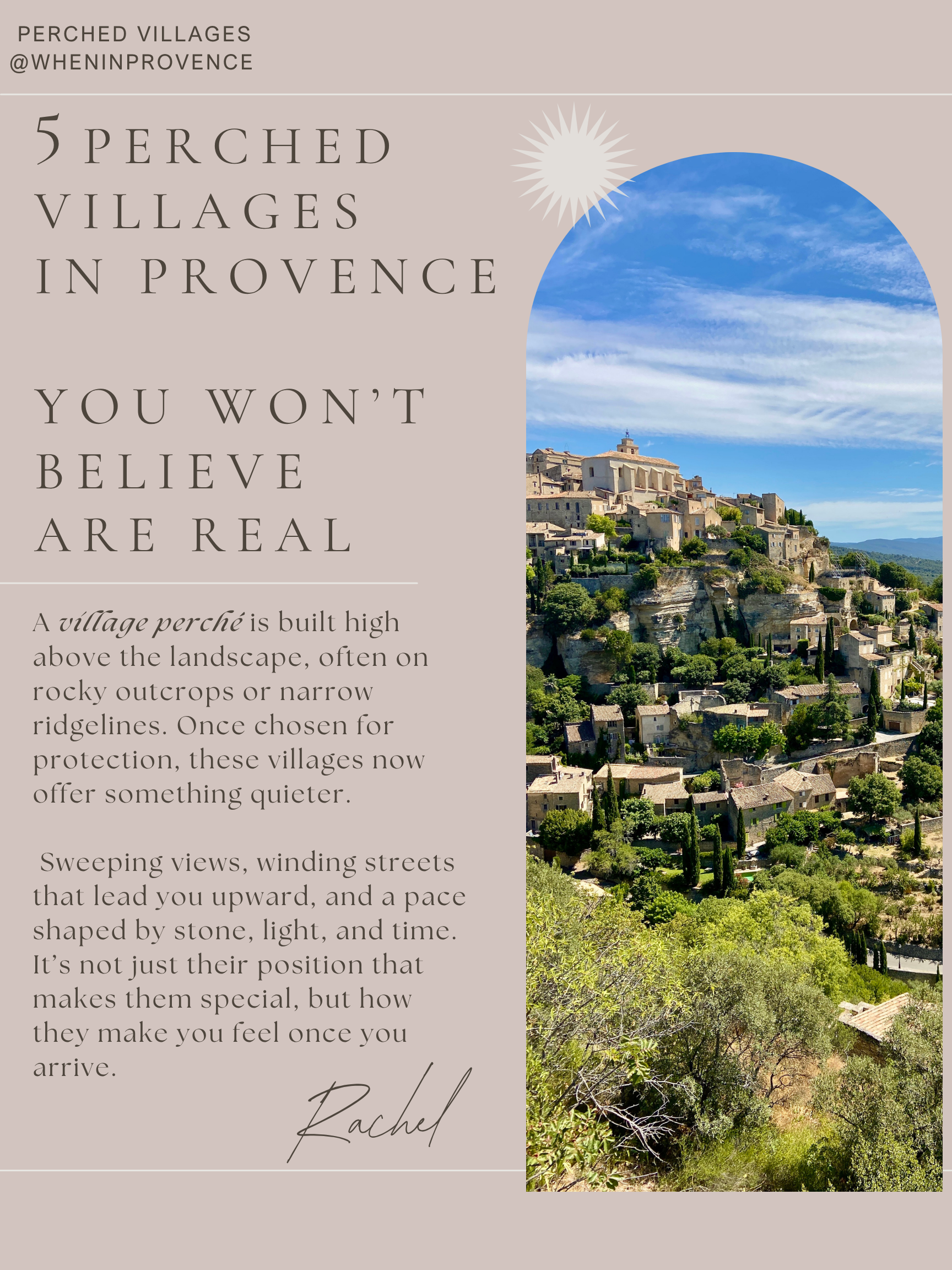 A scenic hillside village in Provence with stone houses, winding streets, and lush greenery under a blue sky with wispy clouds.