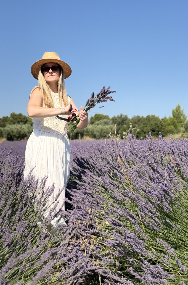 A woman in a white dress, straw hat, and sunglasses stands in a lavender field holding a small bouquet of lavender flowers under a clear blue sky.