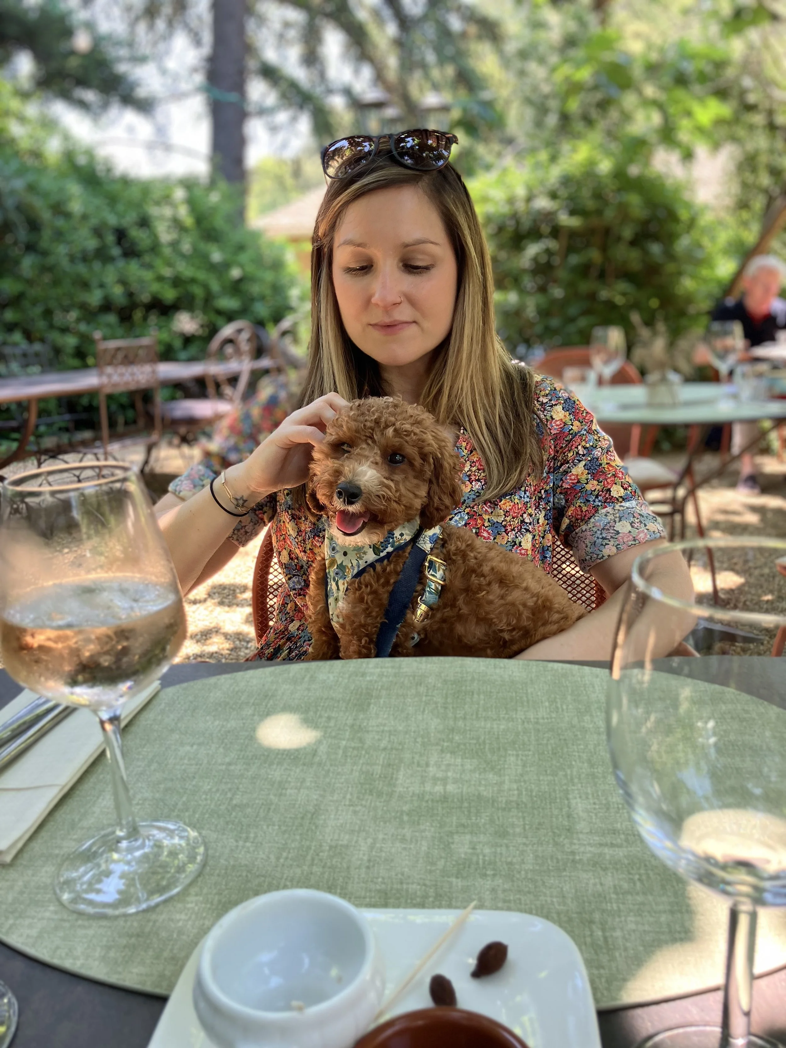 A woman with long hair, wearing a floral shirt, sitting outside at a table, holding a small curly-haired brown dog, with sunglasses resting on her head. There are glasses of water on the table, and lush green foliage in the background.