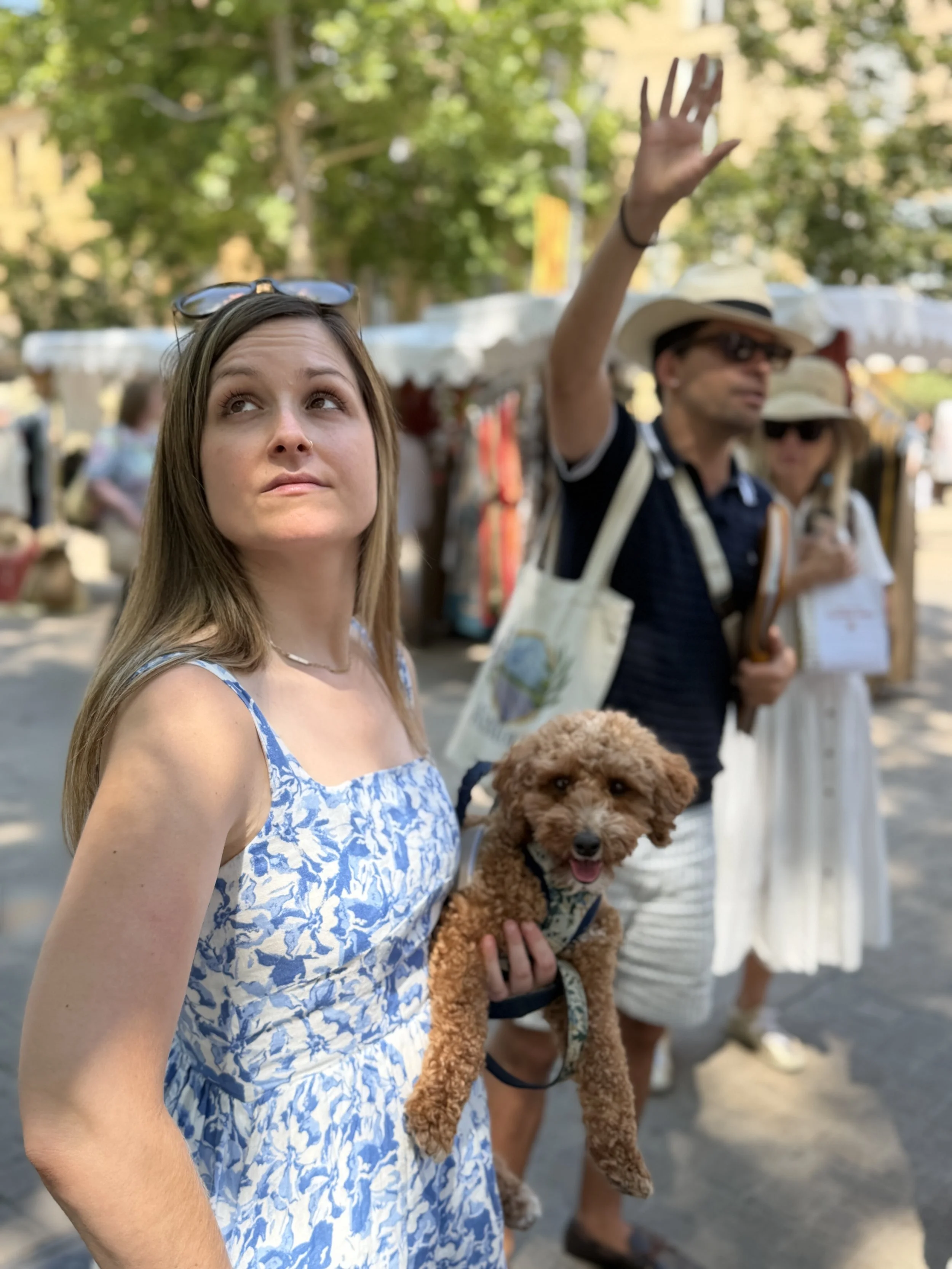 A young woman with light brown hair wearing a blue and white patterned dress, holding a small brown poodle, standing outdoors at a festival or market with trees and stalls in the background.
