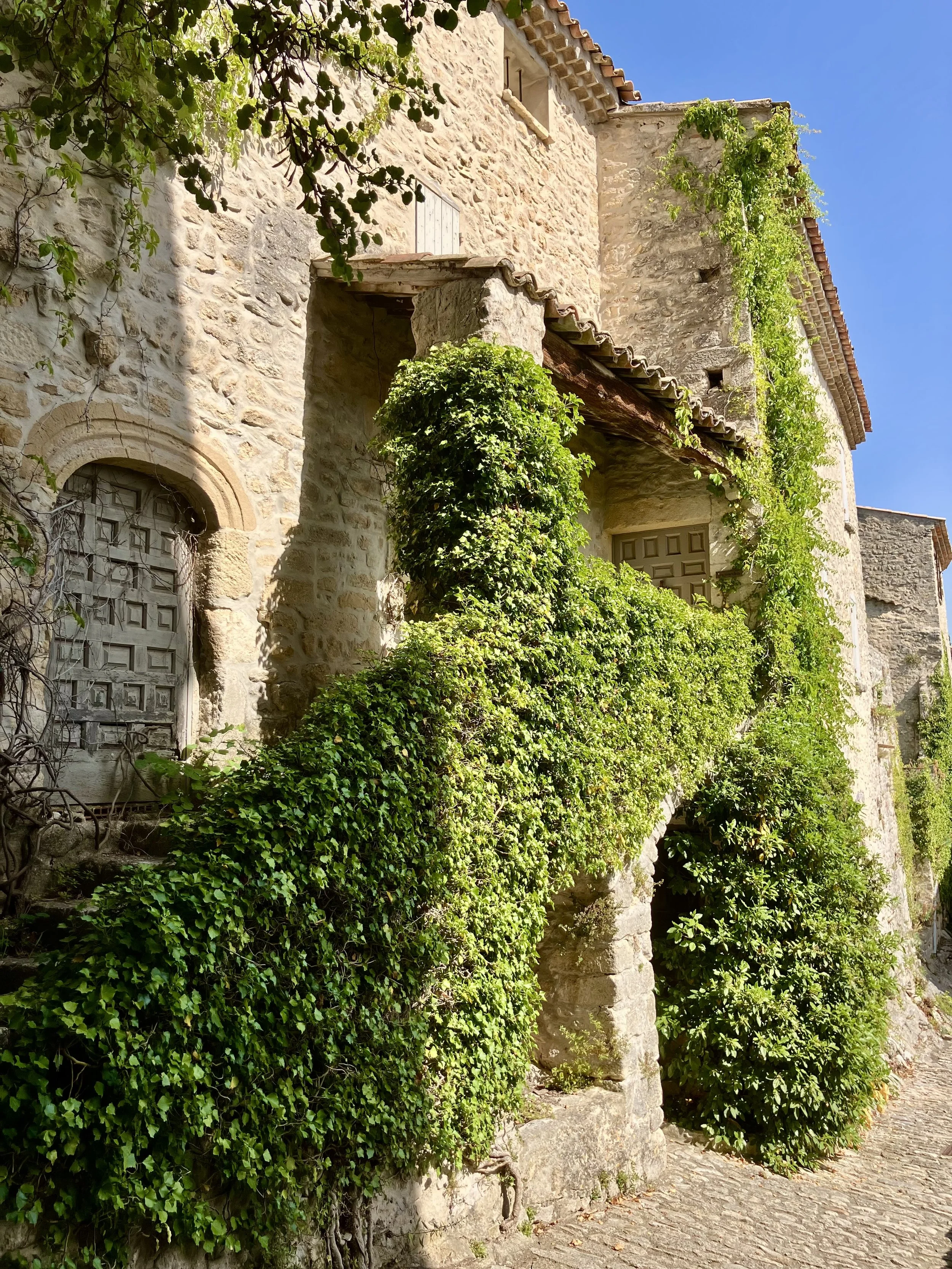 An old stone building with arched and rectangular windows, covered in green ivy, with a cobblestone street in front, under a clear blue sky.