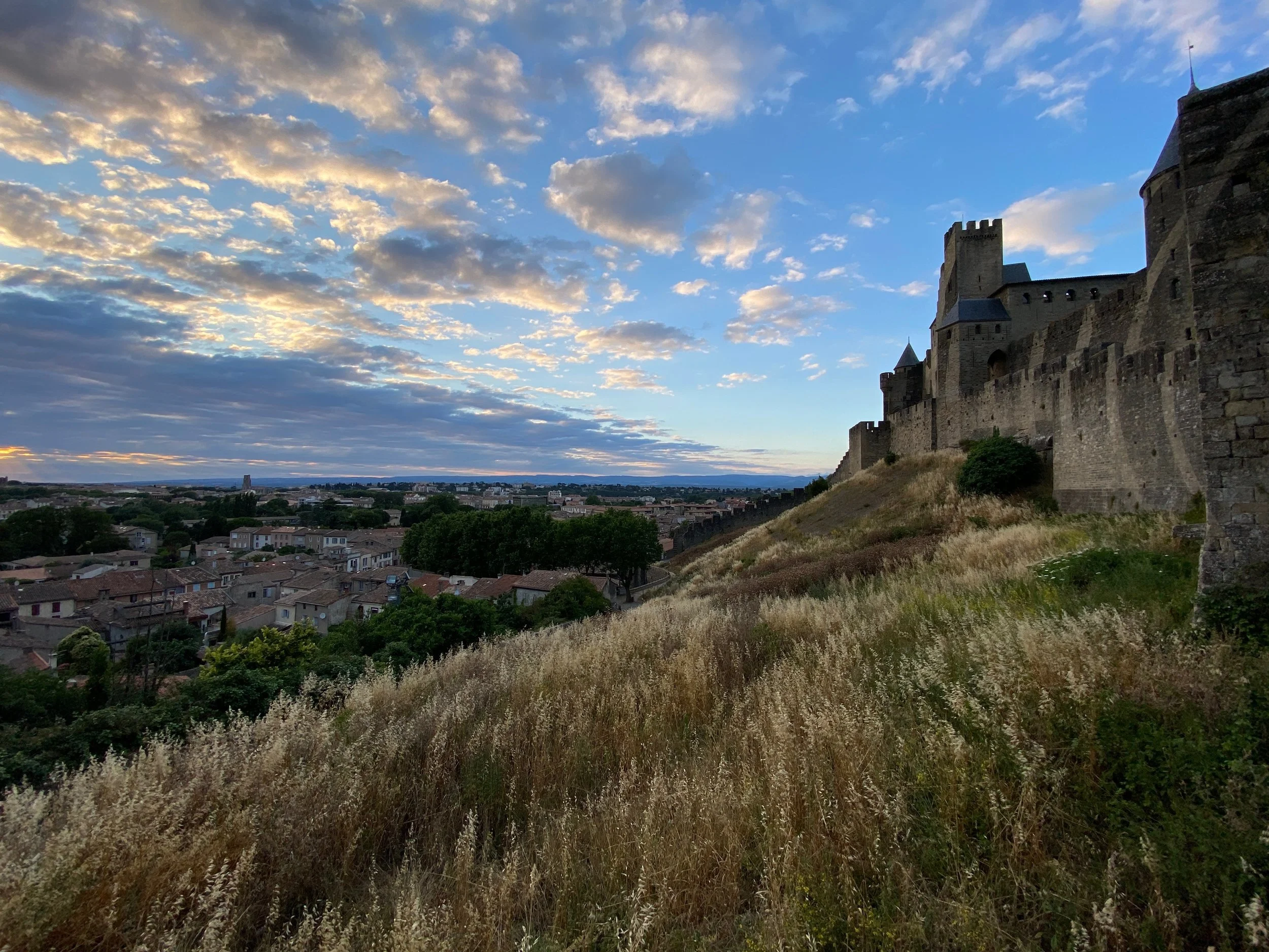 A historic castle with stone walls and towers perched on a hill, overlooking a small town with houses and trees under a partly cloudy sky during sunset.