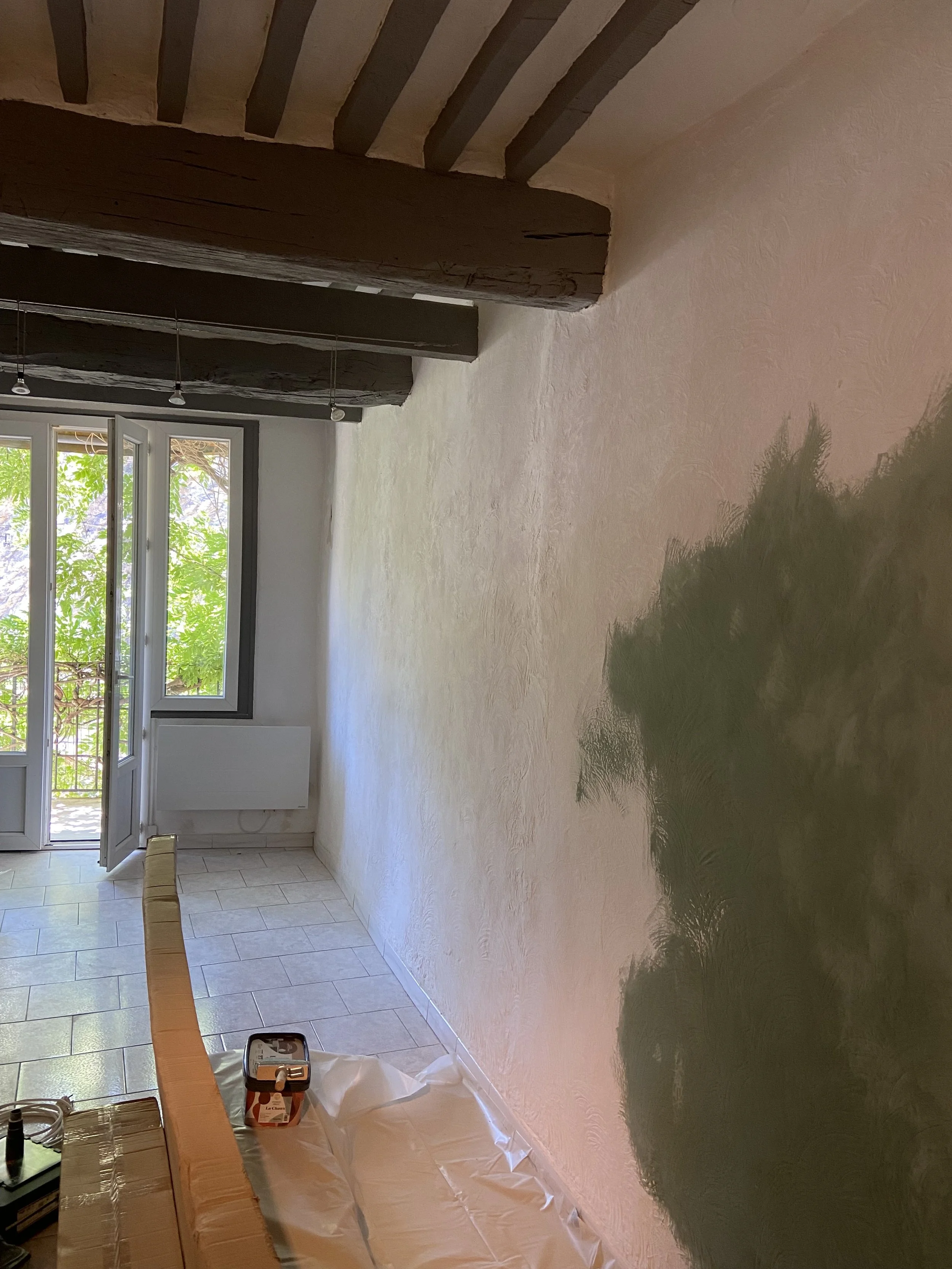 An indoor scene with a wooden ceiling beam, an open door leading to a garden, and a beige-colored wall with texture. There is a small table or counter with various items including a box, a plastic bag, and some electronic devices. The floor has large