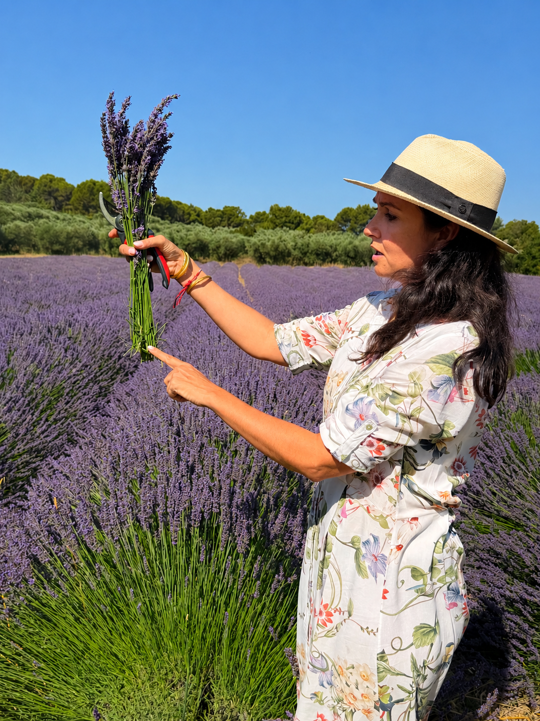 Woman in a floral dress and straw hat harvesting lavender in a field under a clear blue sky.