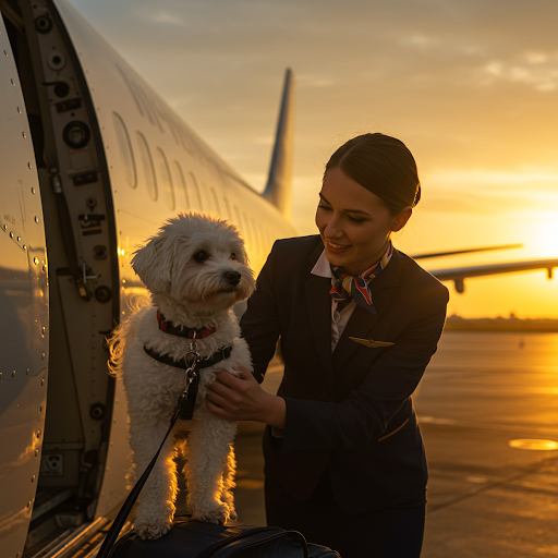 A female flight attendant with a dog on the airplane stairs during sunset.