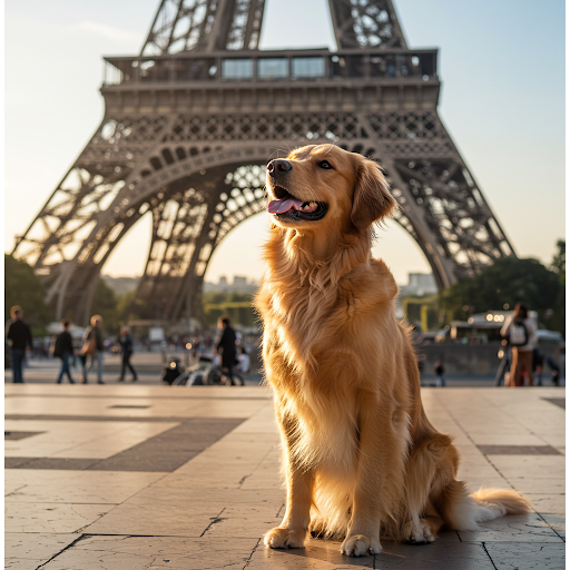 Golden retriever sitting in front of the Eiffel Tower in Paris, France, during the daytime with people walking in the background.