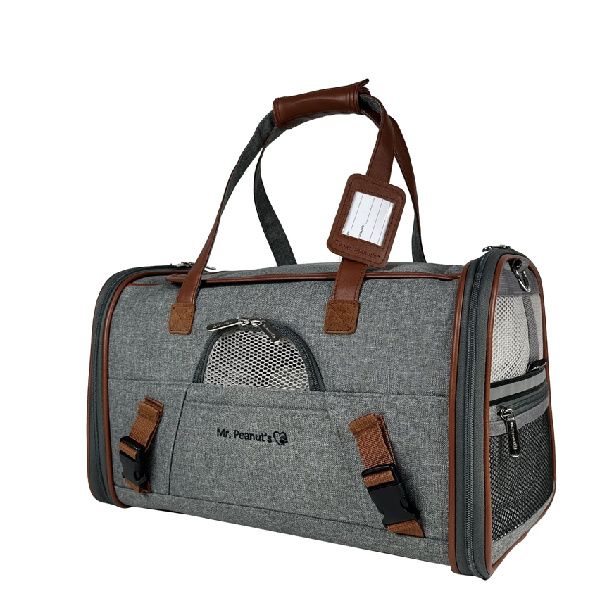 Gray duffel bag with leather accents, multiple zippered compartments, and a handle on top, labeled "Mr. Peanuts" on the front pocket.
