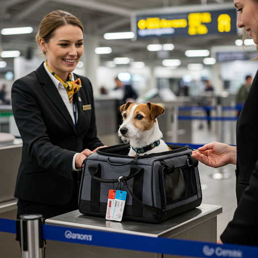 A woman in uniform is checking a small dog in a carrier at an airport check-in counter.