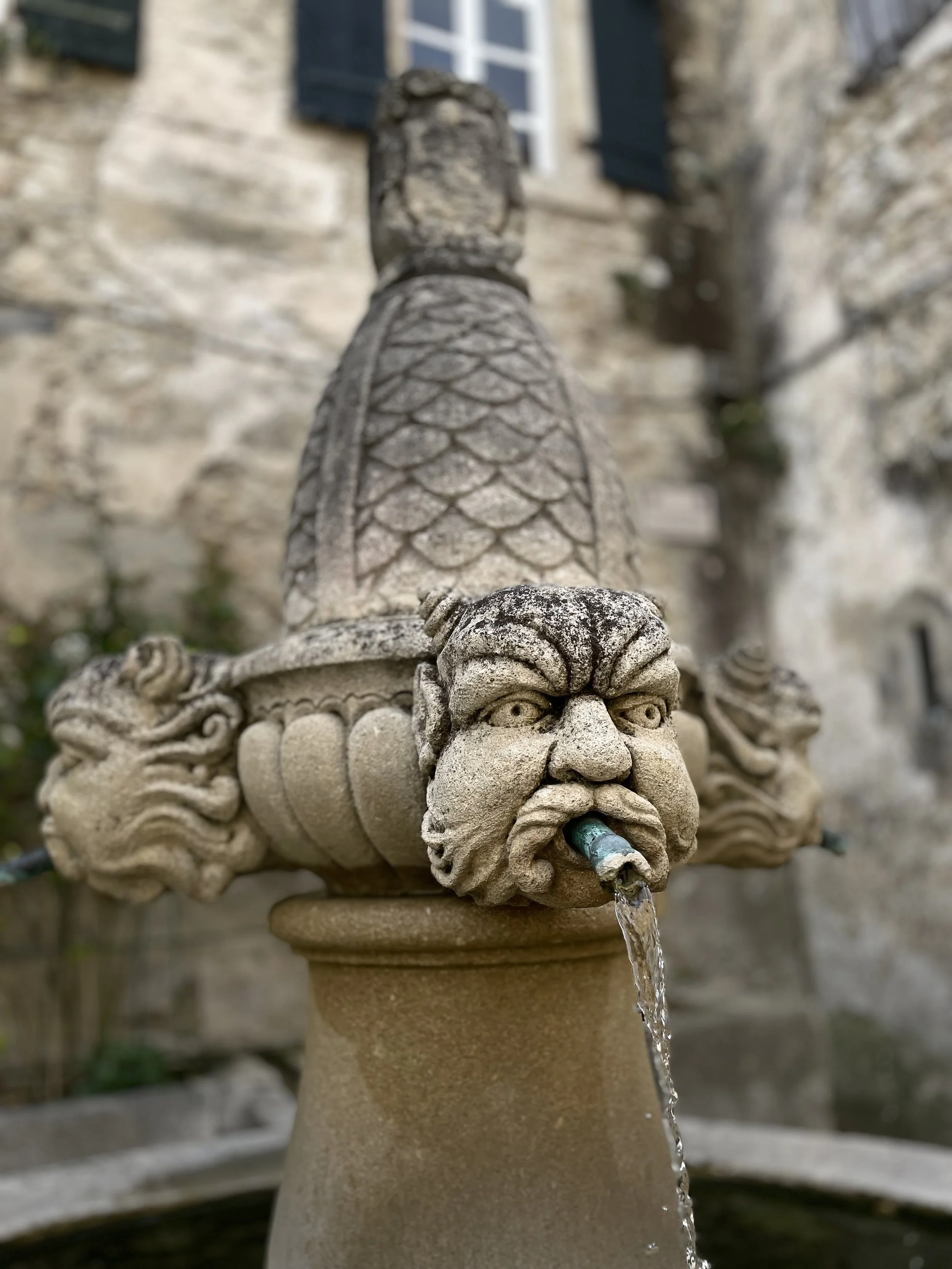 Close-up of a stone fountain with a lion face spout, from which water flows.