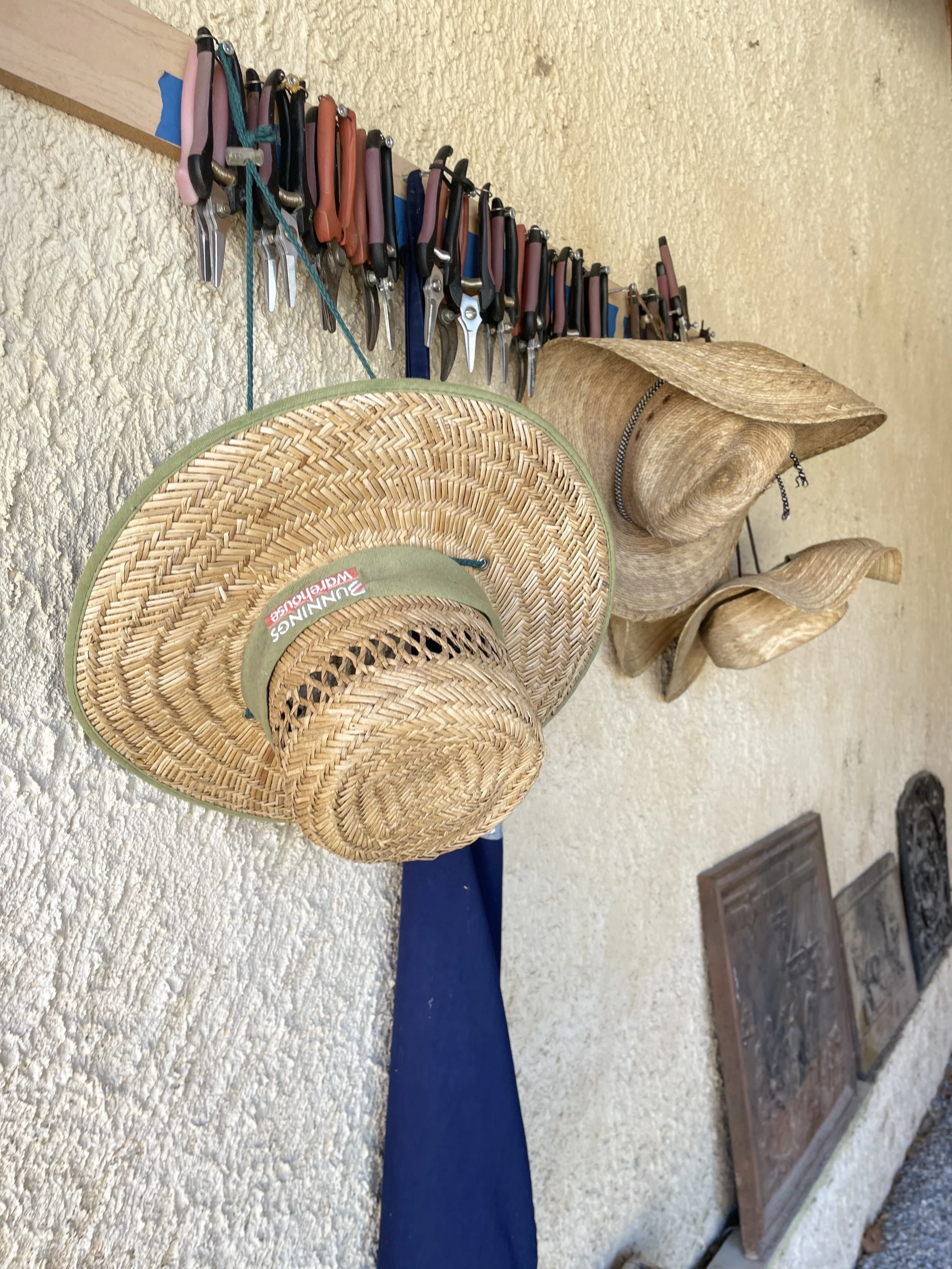 A wooden board mounted on a textured beige wall with a series of clothespins attached, a straw hat hanging from the diagram, and a blue wooden plank positioned below.
