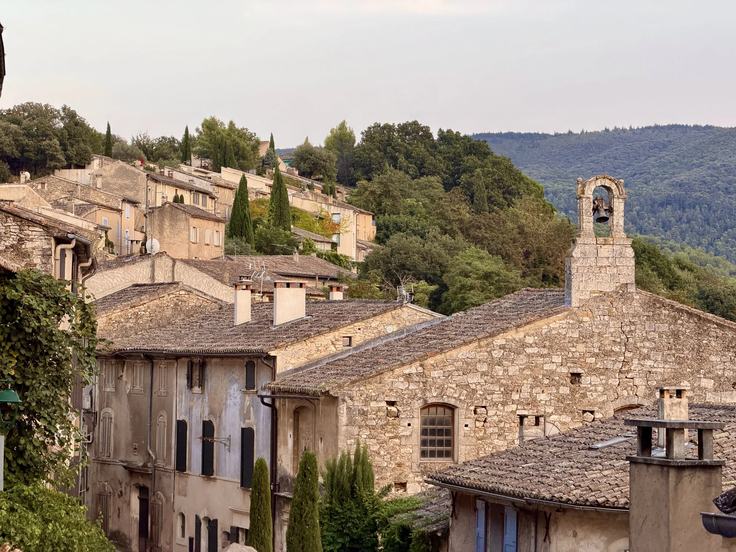 A scenic view of a quaint hillside town with old stone and stucco buildings, green trees, and a stone bell tower, set against a backdrop of forested mountains and an overcast sky.