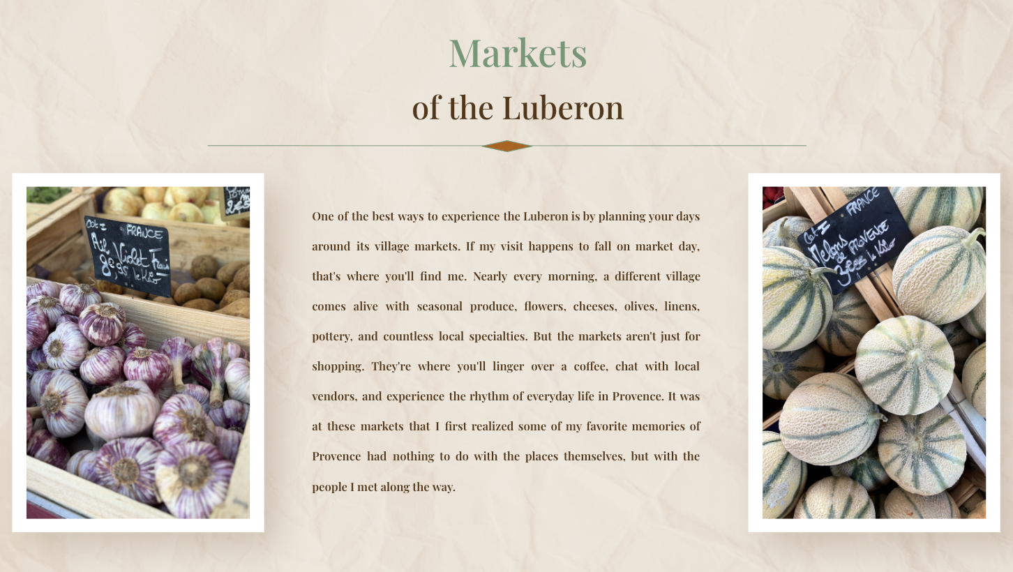 Images of produce at a market, with handwritten signs indicating vegetables from France, including garlic and melons.