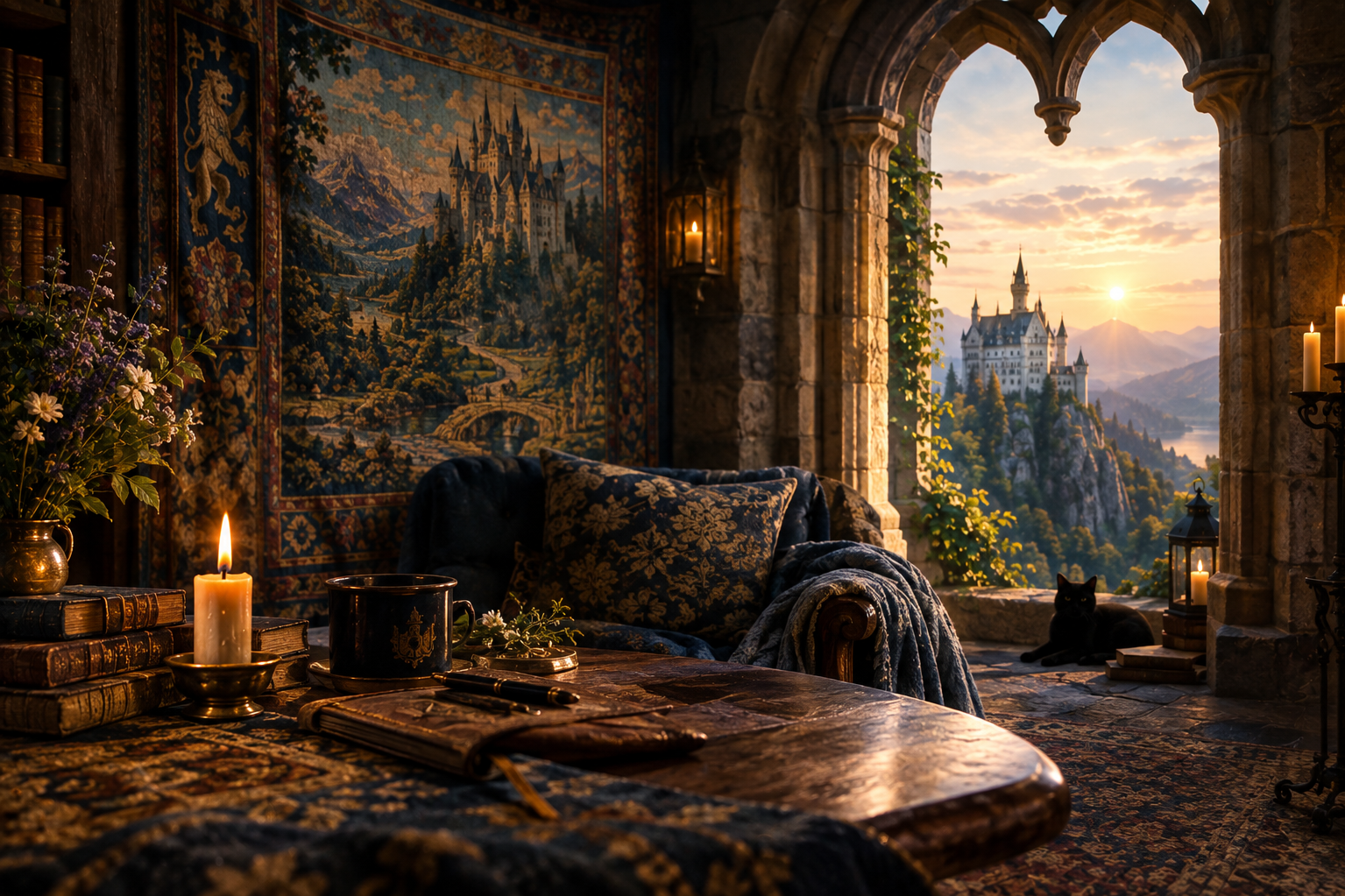 A cozy, medieval-style room with a view of a castle on a hill at sunset, featuring candles, vintage books, a tapestry, a plush sofa with cushions, a black cat, and a stone archway.