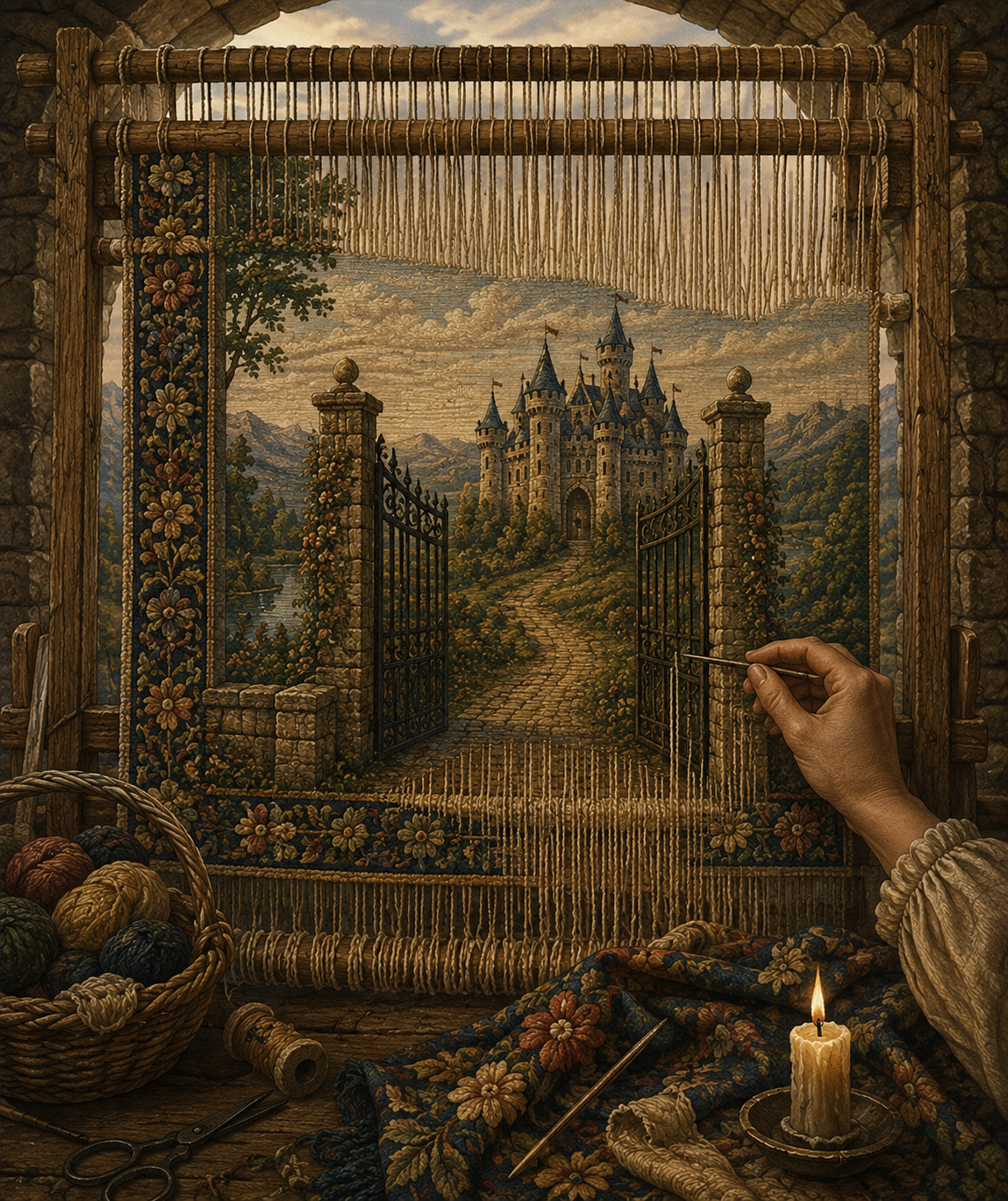 A person working on an intricate tapestry that depicts a castle on a hill surrounded by mountains and trees, with a winding path leading to its entrance, framed by a stone archway and iron gates, with yarn, scissors, and a lit candle in the foreground.