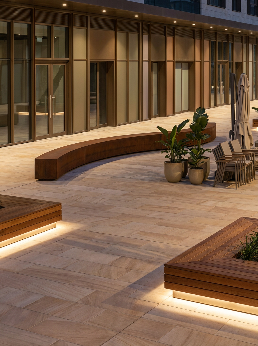 Modern outdoor patio with wooden benches, potted plants, and chairs, illuminated with soft lighting.