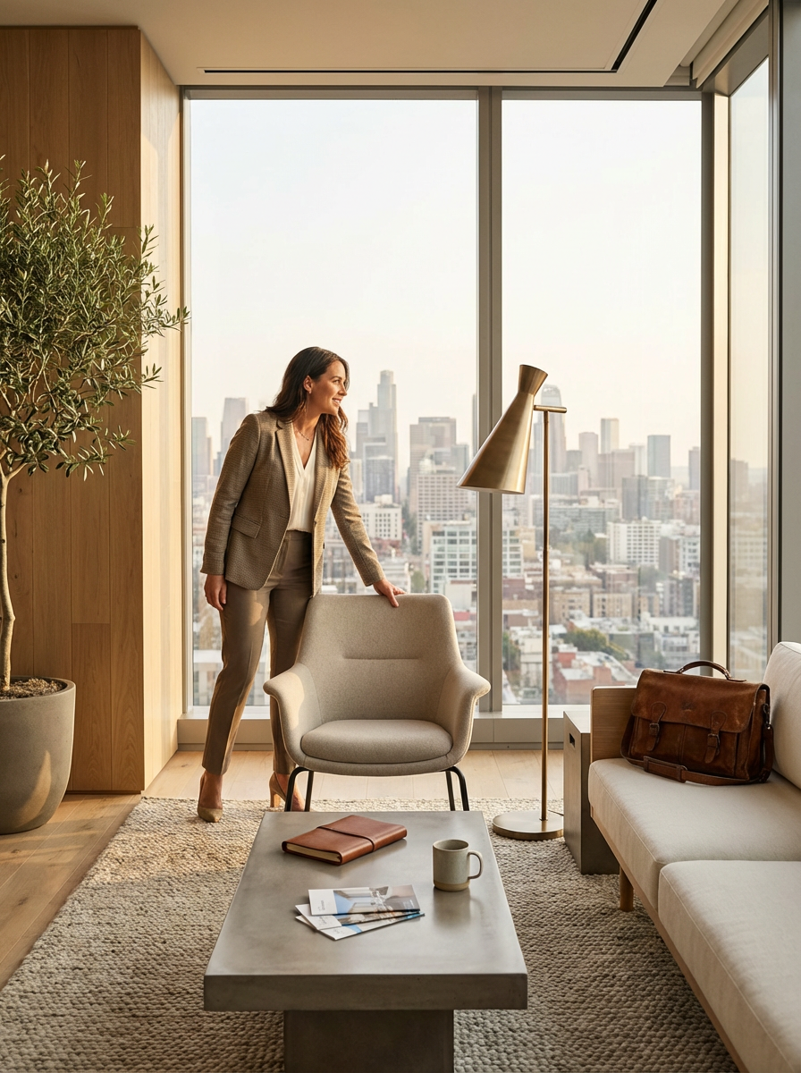 Businesswoman in beige suit standing in modern office with large window overlooking city skyline, sitting area with armchair, sofa, coffee table with magazine, notebook, mug, and leather bag, and a tall floor lamp.