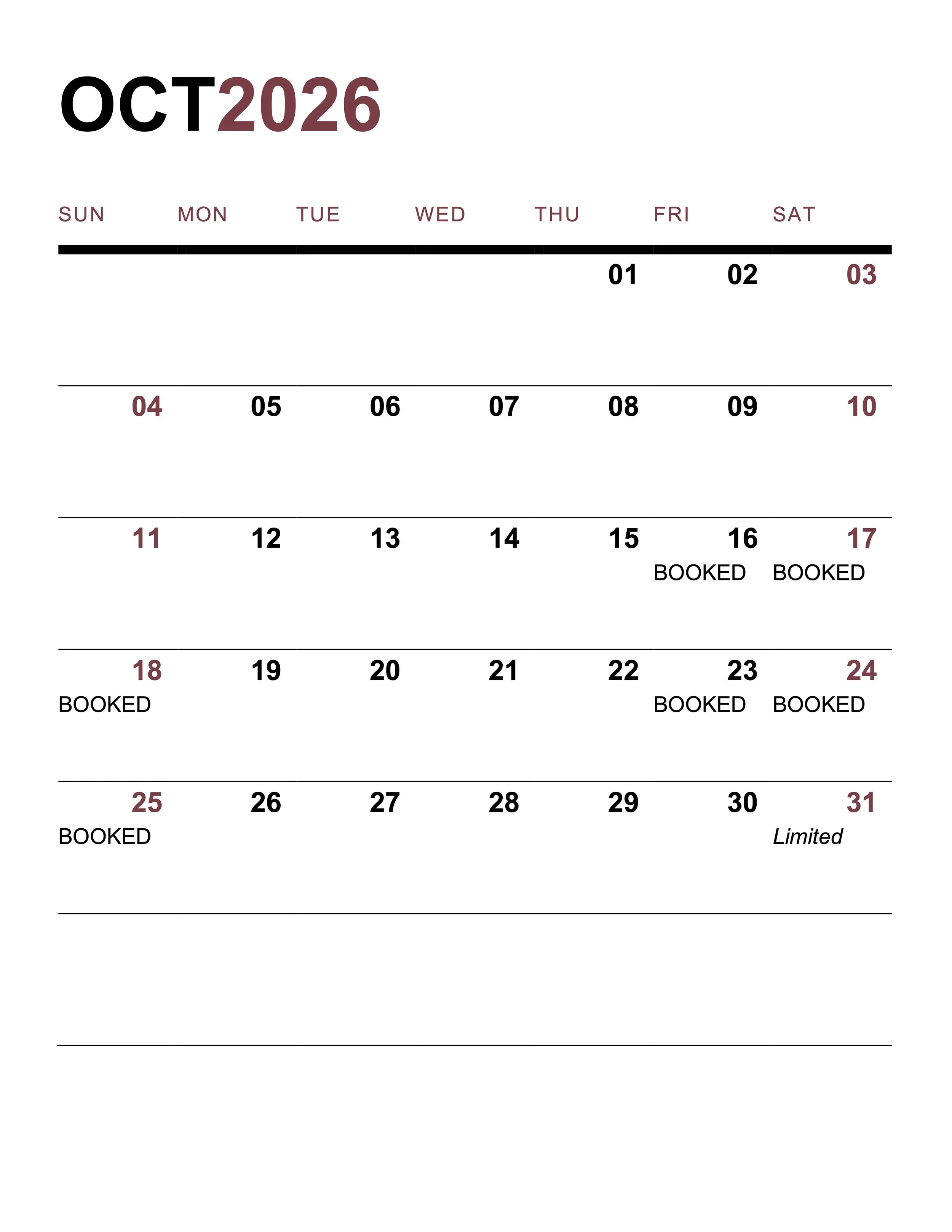 October 2026 calendar showing days booked on the 4th, 11th, 18th, and 25th, with the 24th marked as limited.