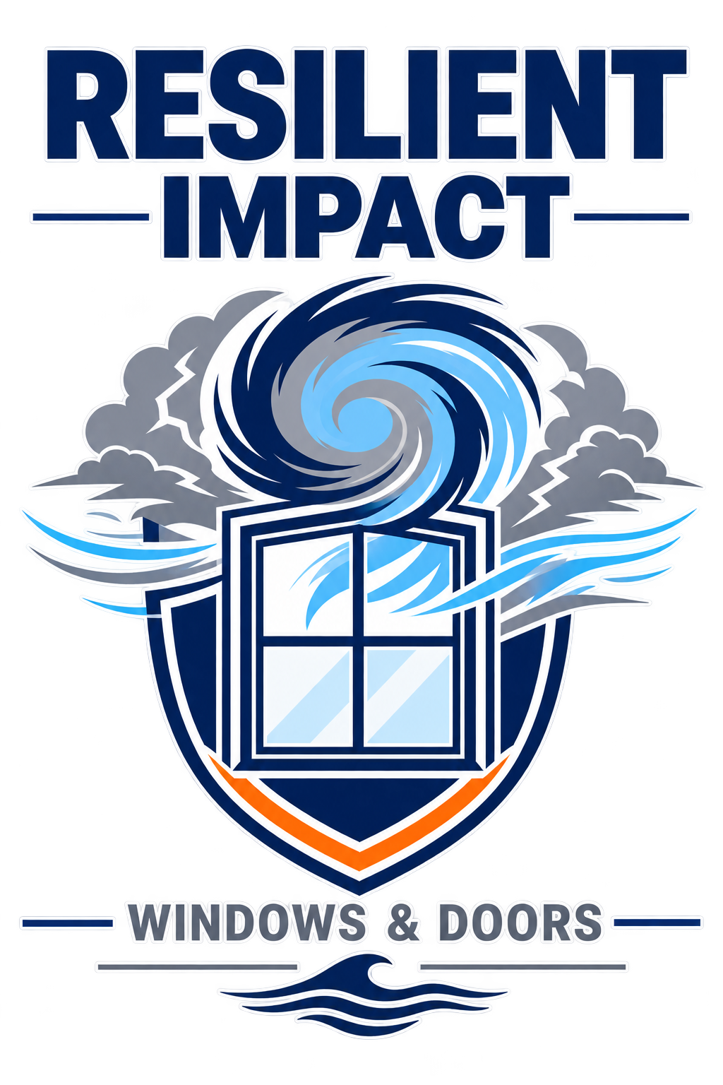 Logo for Resilient Impact Windows & Doors featuring a hurricane swirling above a window with a shield background, emphasizing protection against storms.
