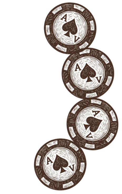 Four brown poker chips with spade symbols, stacked slightly overlapping vertically.