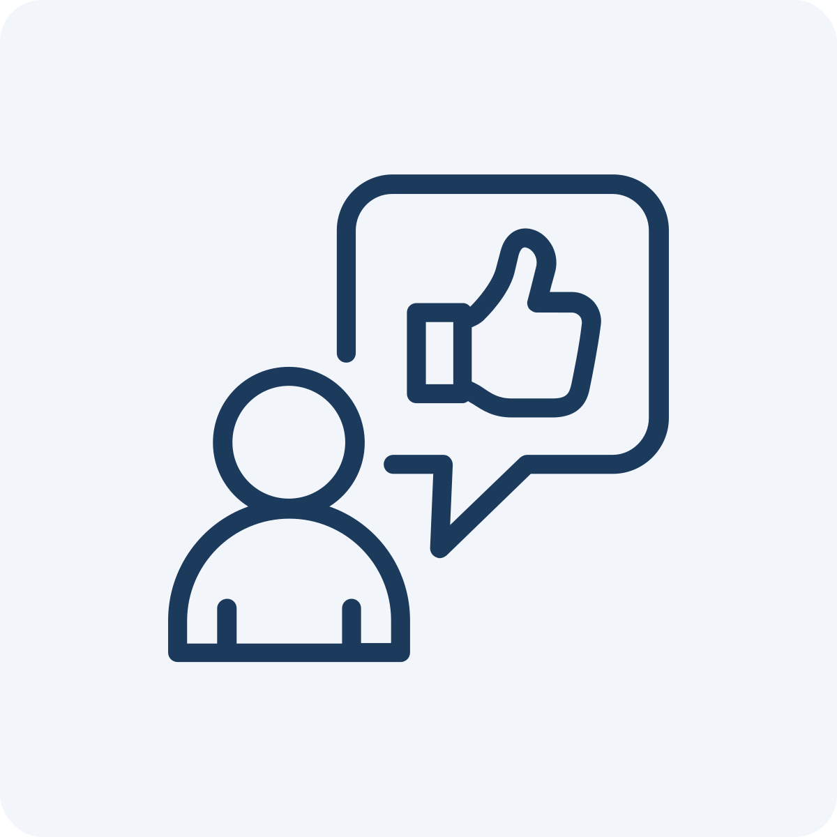 Line drawing of a person with a speech bubble showing a thumbs-up icon.