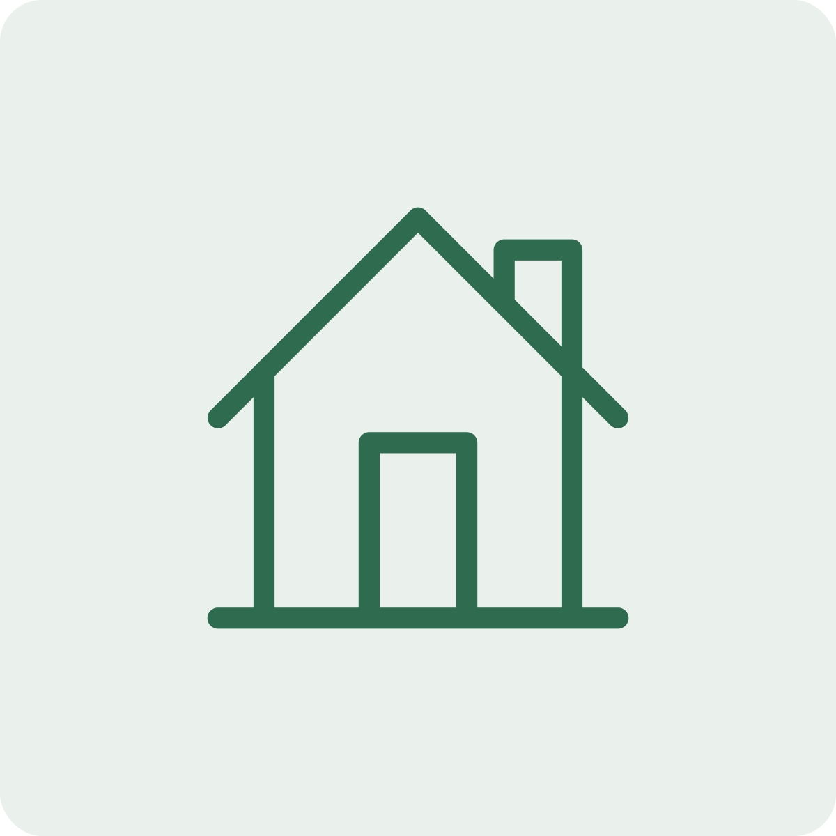 Simple green outline of a house with a pitched roof, chimney, and front door on a pale background.