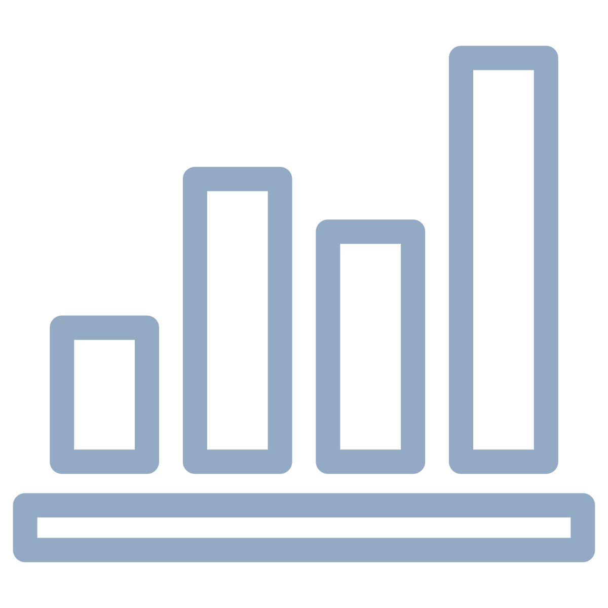 Graphic icon of a bar chart with four vertical bars on a flat base.