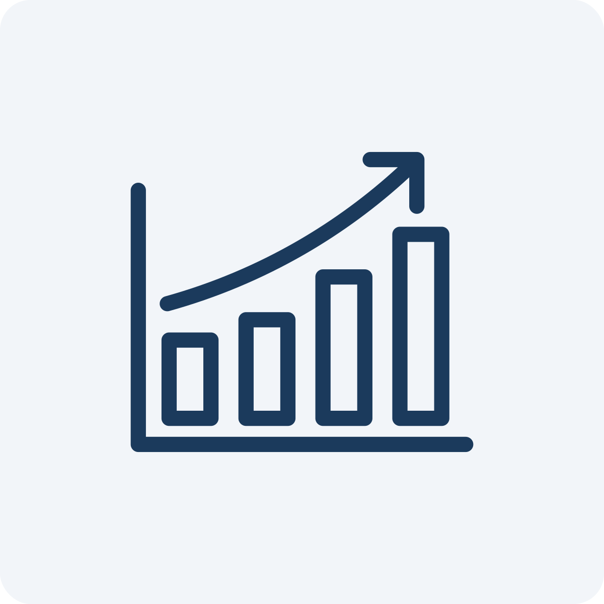 Line graph with ascending bars and an upward trend arrow.