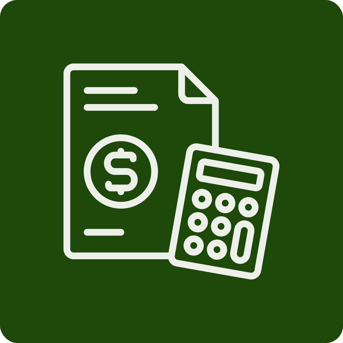 Icon of a financial document with a dollar sign and a calculator on a green background.