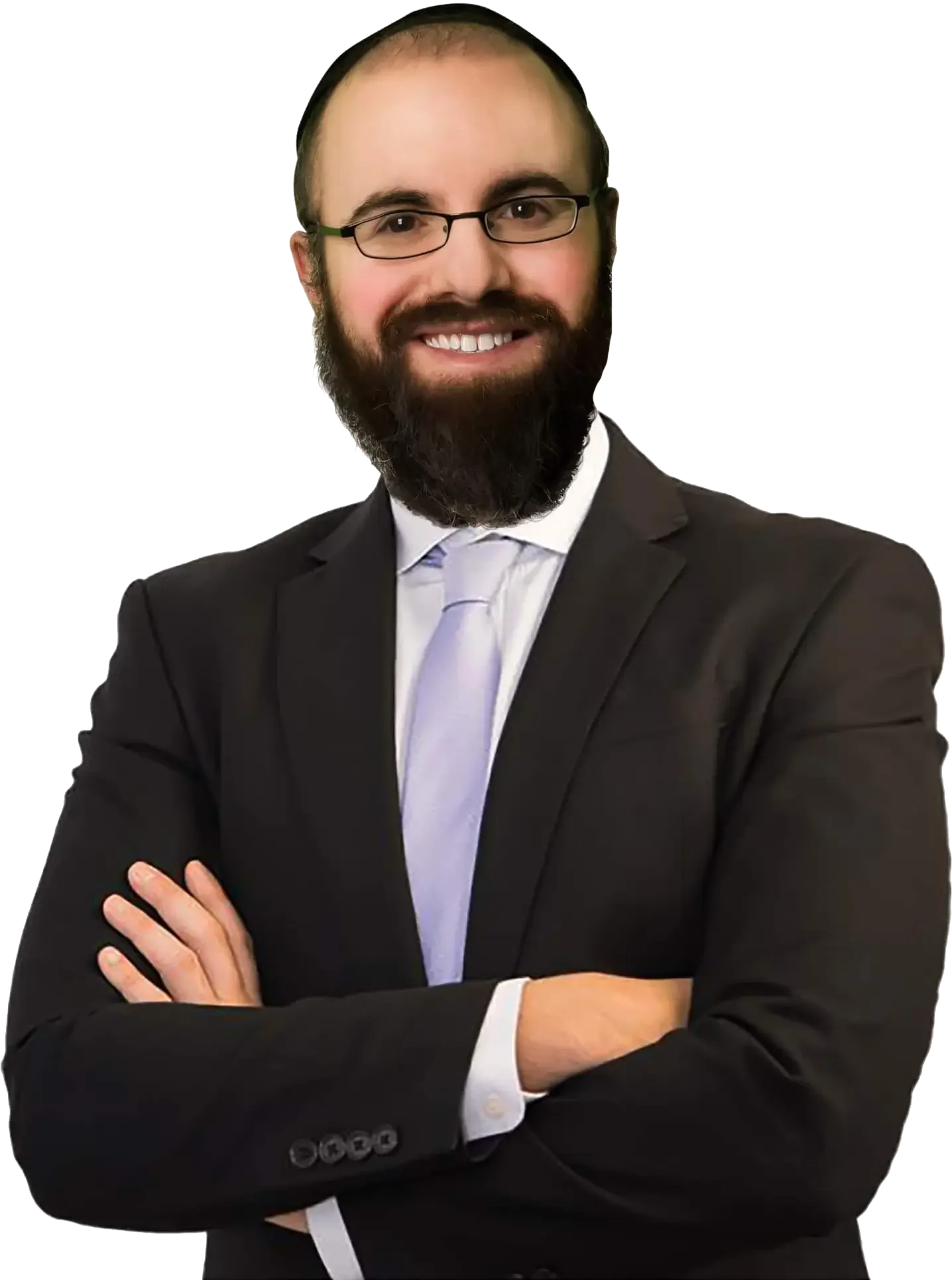 A man with glasses and a beard in a business suit, smiling with arms crossed.