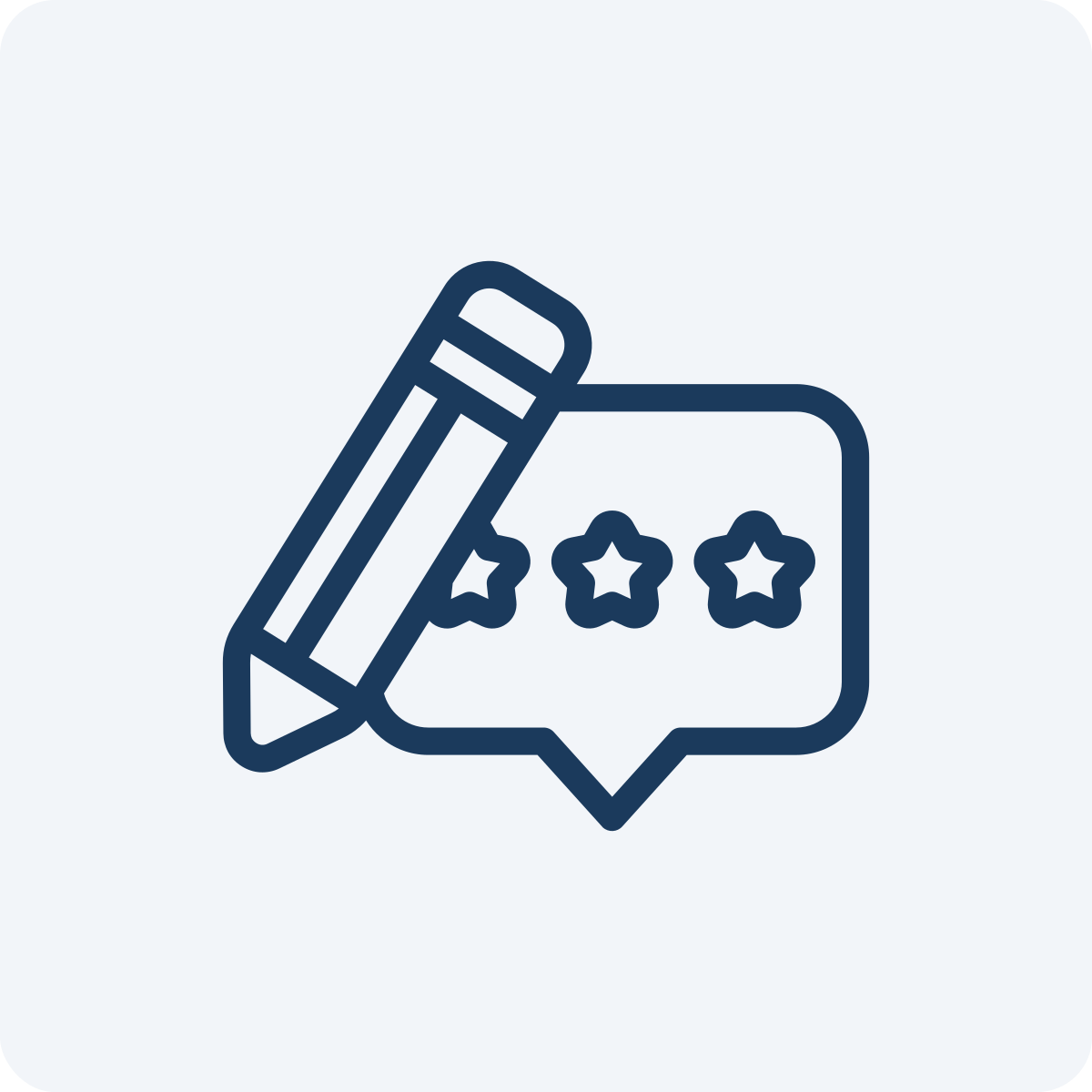 Icon of a pencil, a speech bubble with three stars, representing reviews or ratings.
