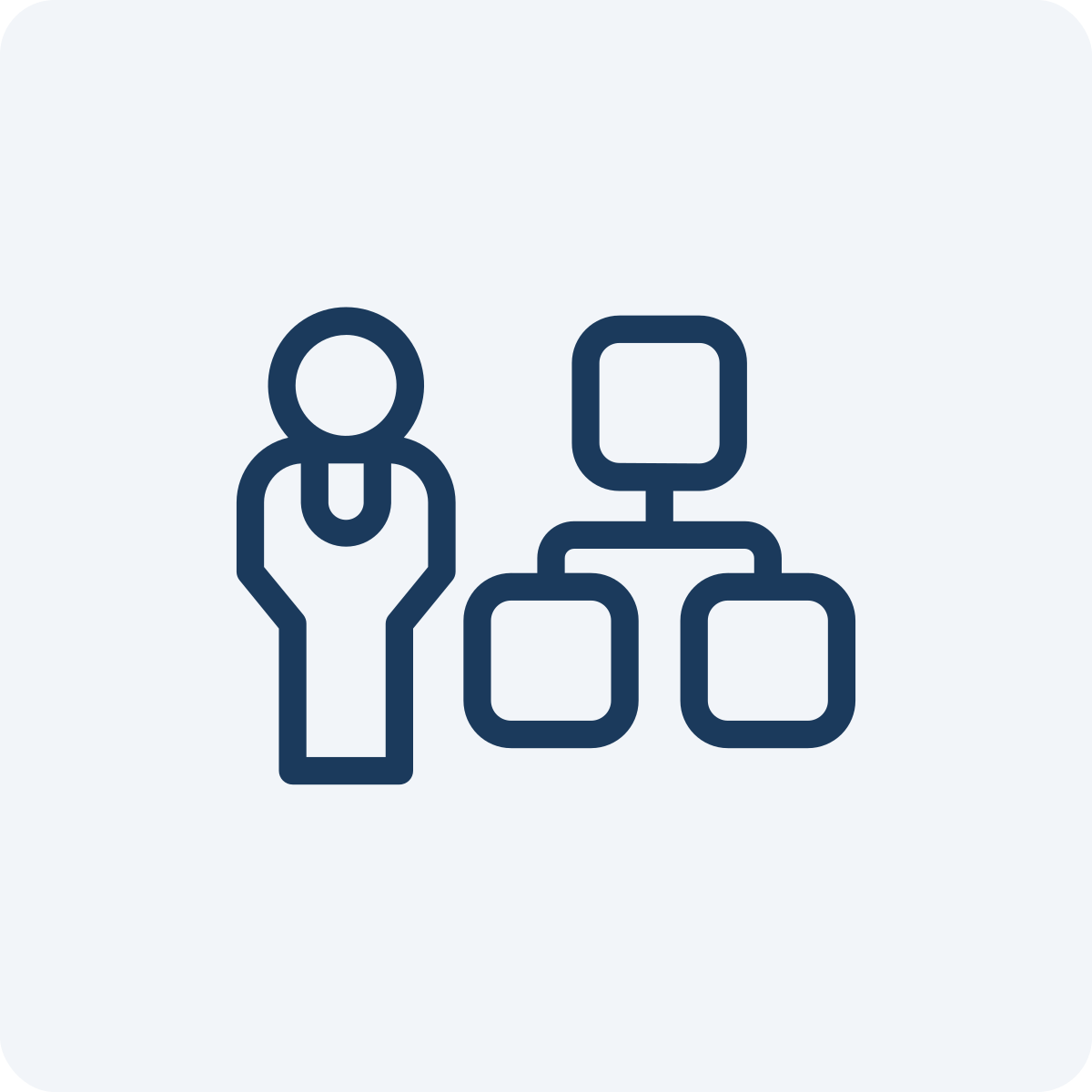 Line art icon of a person in business attire standing next to a hierarchical organizational chart.