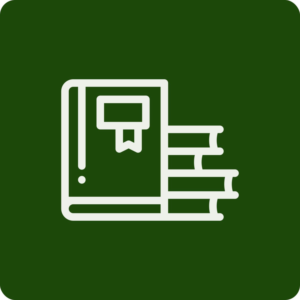 Icon of a book with a ribbon marker, stacked on top of several other books, on a dark green background.