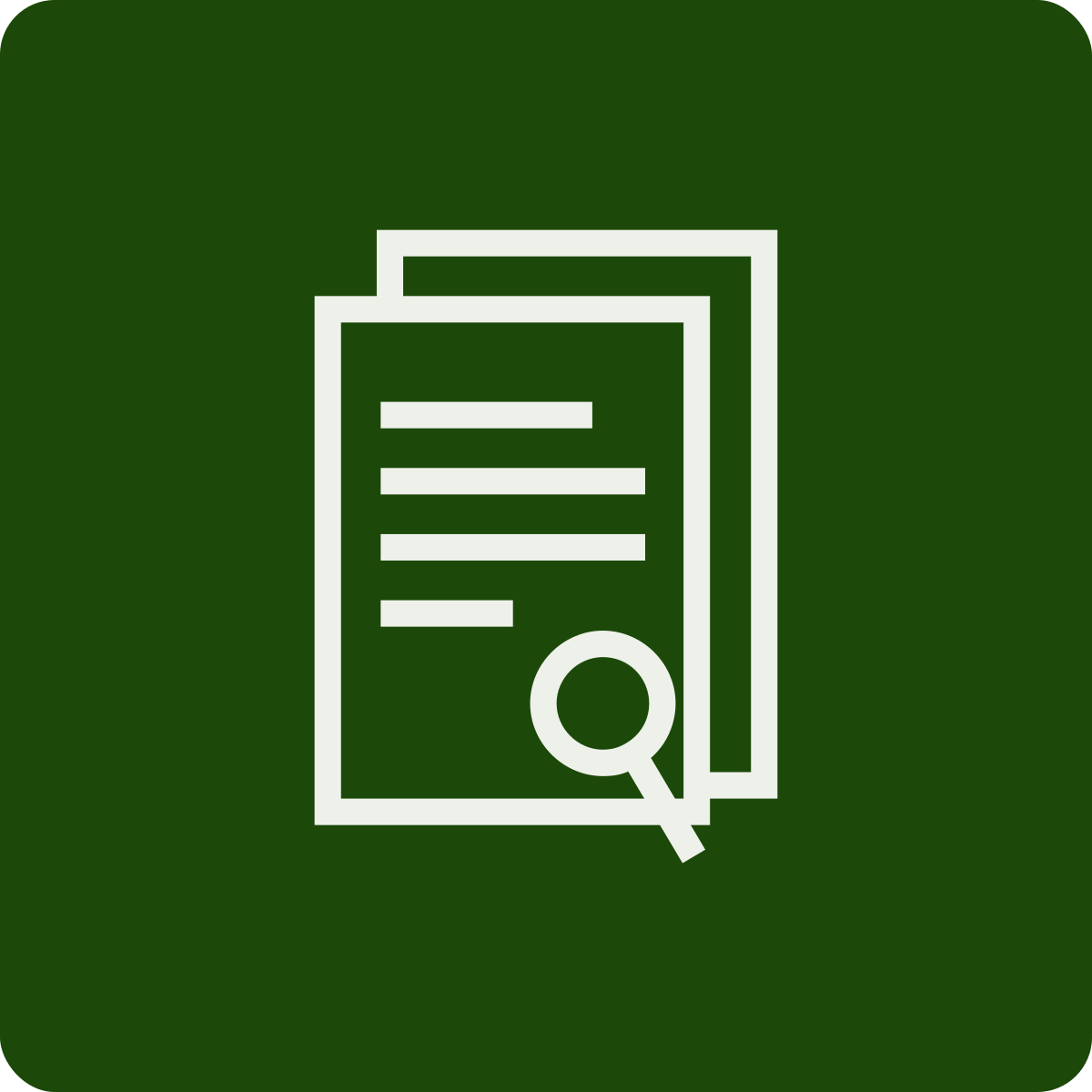 Icon of documents with a magnifying glass, symbolizing document search or review.
