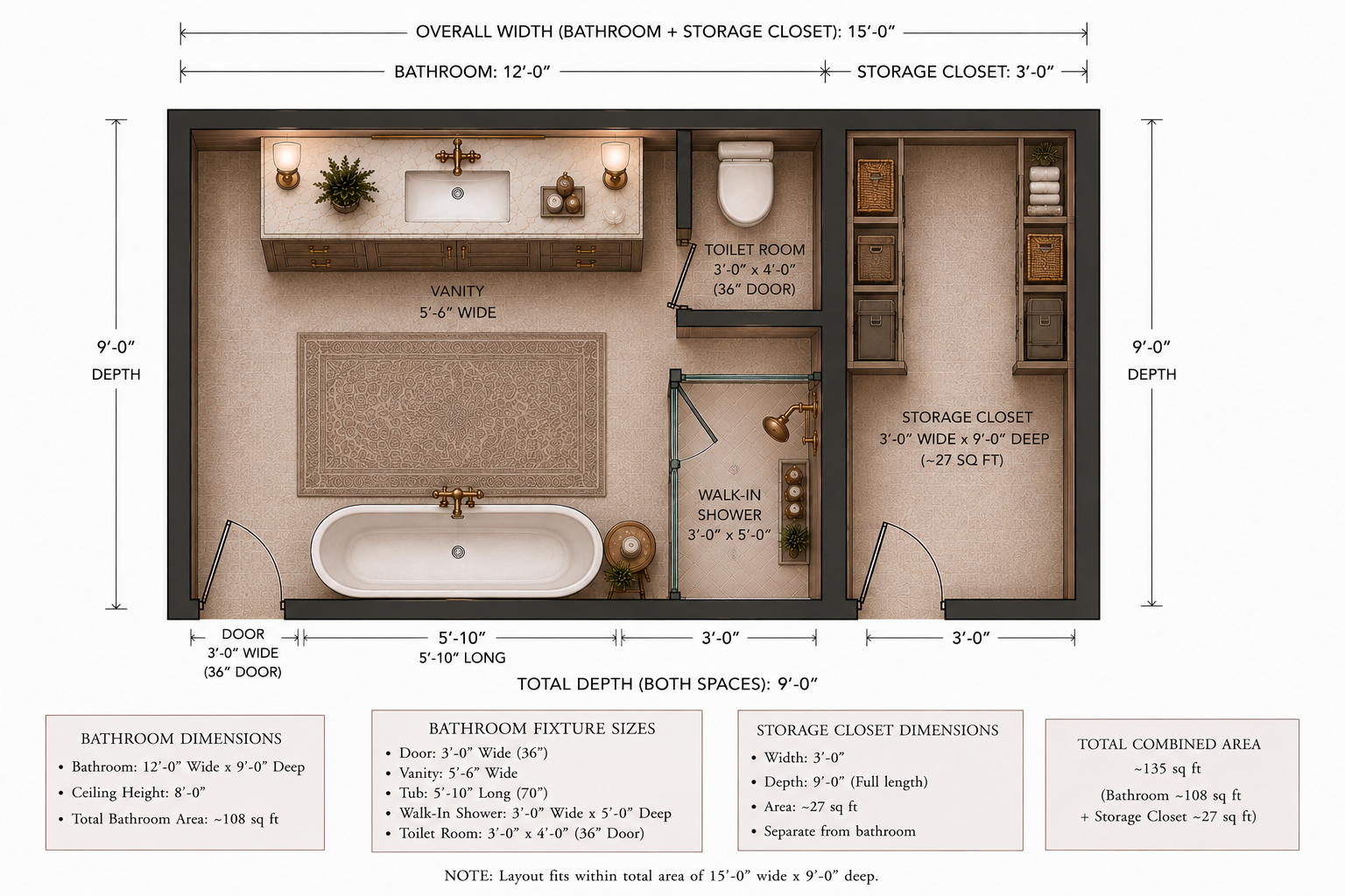 A detailed floor plan of a bathroom includes a vanity with two lights and a sink, a bathtub, a walk-in shower, a toilet, and a separate storage closet. The layout shows dimensions of the spaces, including overall sizes for the bathroom and storage closet.