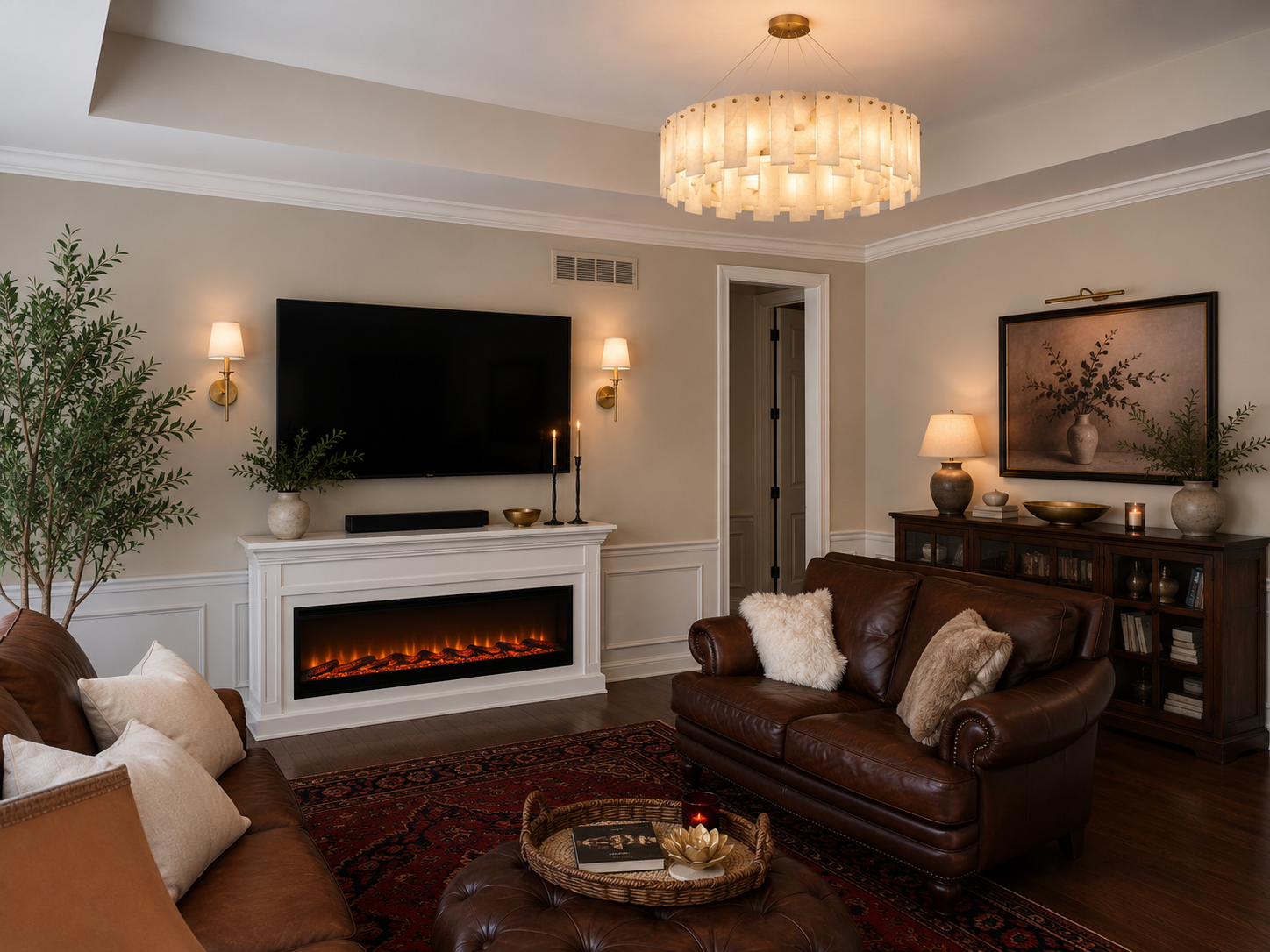 Living room with beige walls, a wall-mounted TV above a white fireplace, a brown leather sofa with pillows, a bookshelf with lamps, paintings, potted plants, and a modern chandelier.