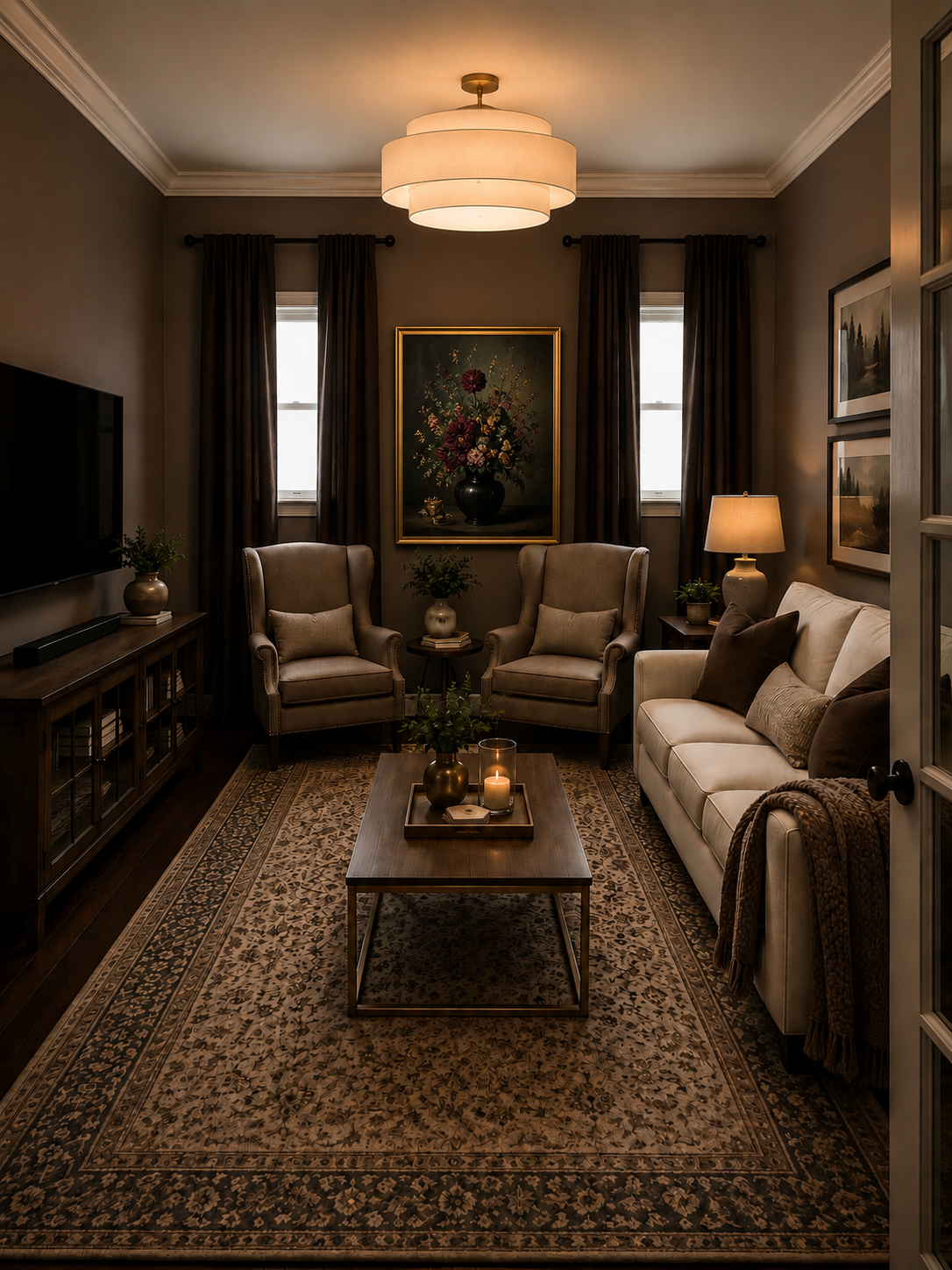 A cozy living room with two large windows, a ceiling light, dark curtains, a large painting of flowers, beige armchairs, a white sofa with dark and beige pillows, a wooden coffee table with candles and a vase, a side table with a lamp, and a TV on a console, all with warm, ambient lighting.