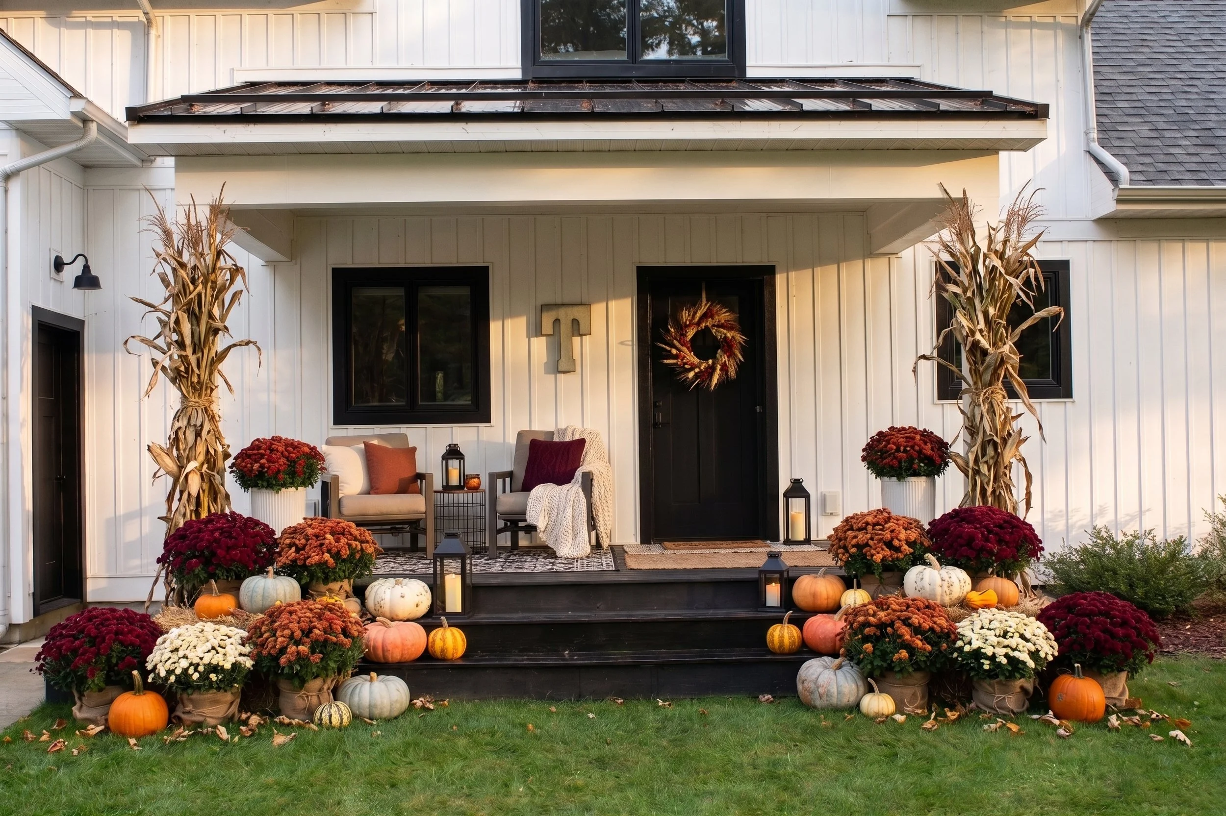 The Custom autumn display - a styled deck with string lights, cornstalks, mums and heirloom pumpkins