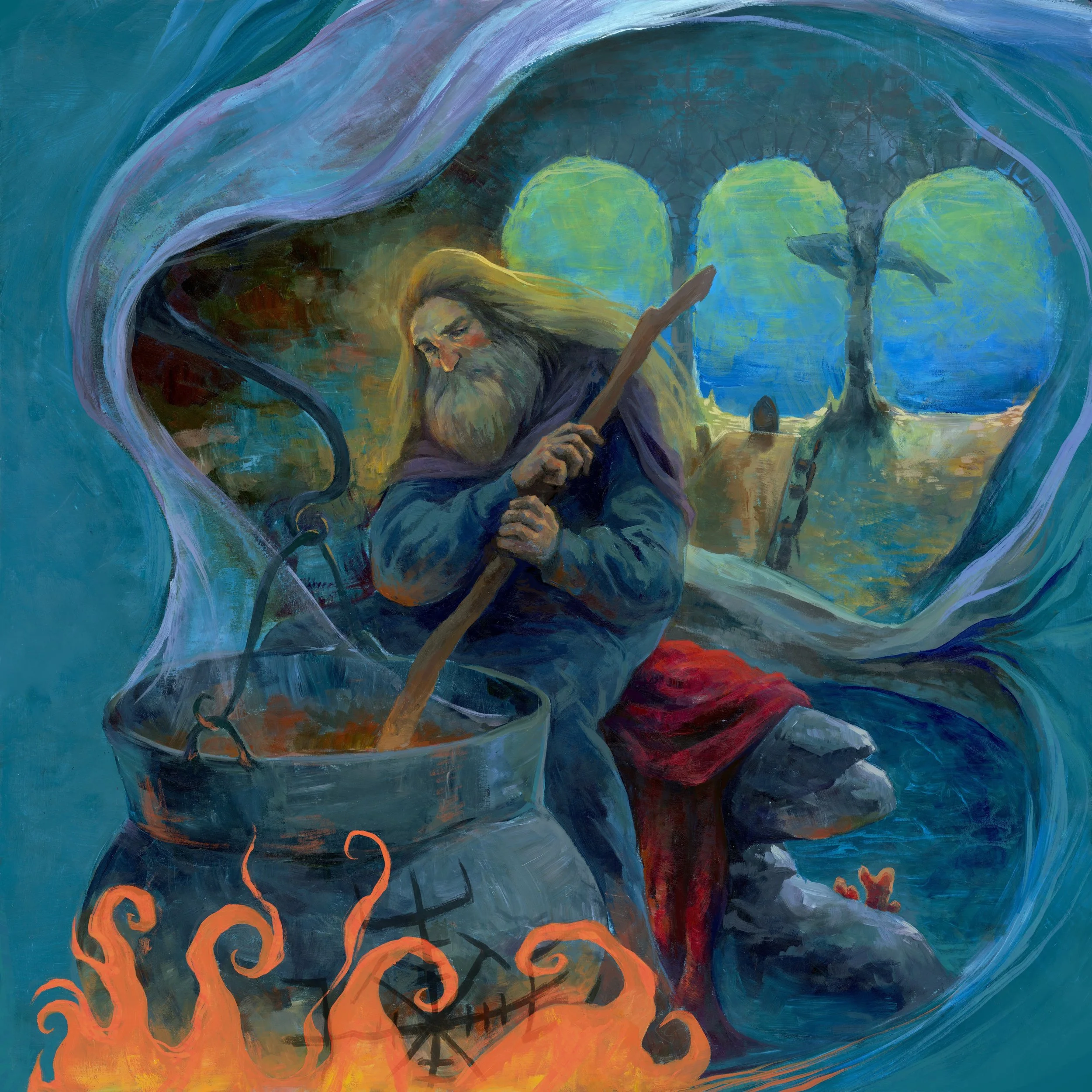 A surreal painting of a wizard-like figure with long, flowing hair, holding a staff, surrounded by swirling flames and mystical shapes.