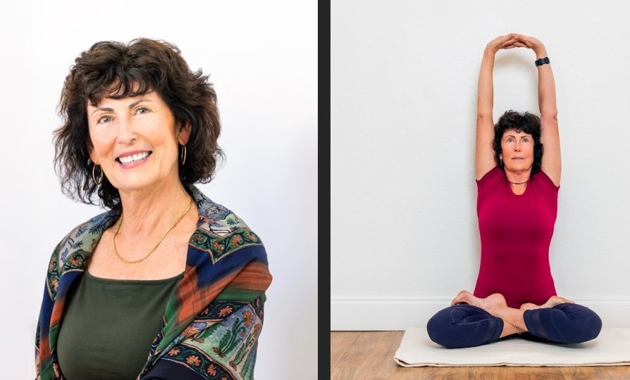 Side-by-side images of a woman, one portrait and one practicing yoga indoors.