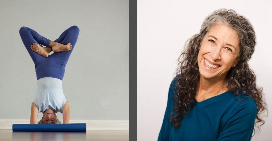 Woman performing a headstand yoga pose on a yoga mat, and a woman smiling facing forward in a blue top with curly gray hair.