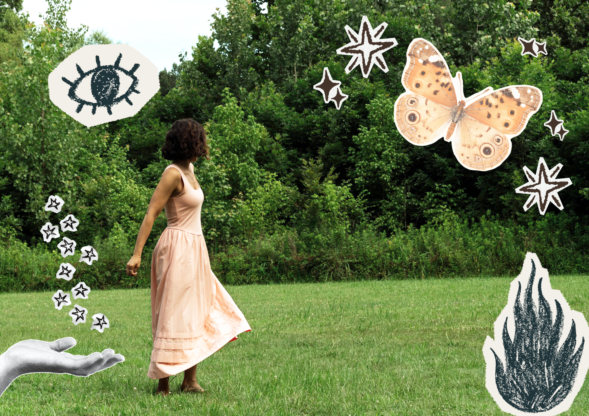 A young girl in a light pink dress walking barefoot on grass in a lush green outdoor setting, surrounded by illustrated stars, a butterfly with eye-like patterns on its wings, and mystical illustrated elements, with a speech bubble showing an eye with eyelashes.