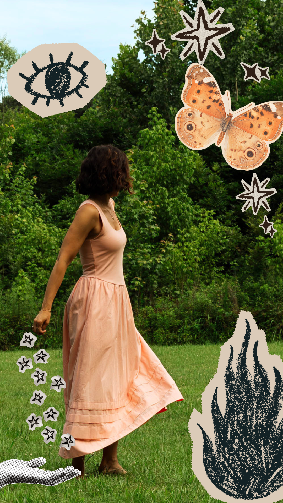 A woman in a pink dress standing outdoors on grass with green trees in the background, surrounded by various illustrated stars, a butterfly, a ladybug, and black-and-white doodles, some of which are hand-drawn and others stylized.