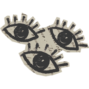 A stylized illustration of three eyes with prominent eyelashes, arranged in a collaged, abstract manner.