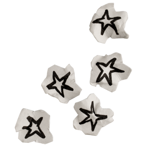 Six small torn paper pieces with black star drawings on them, scattered on a white background.