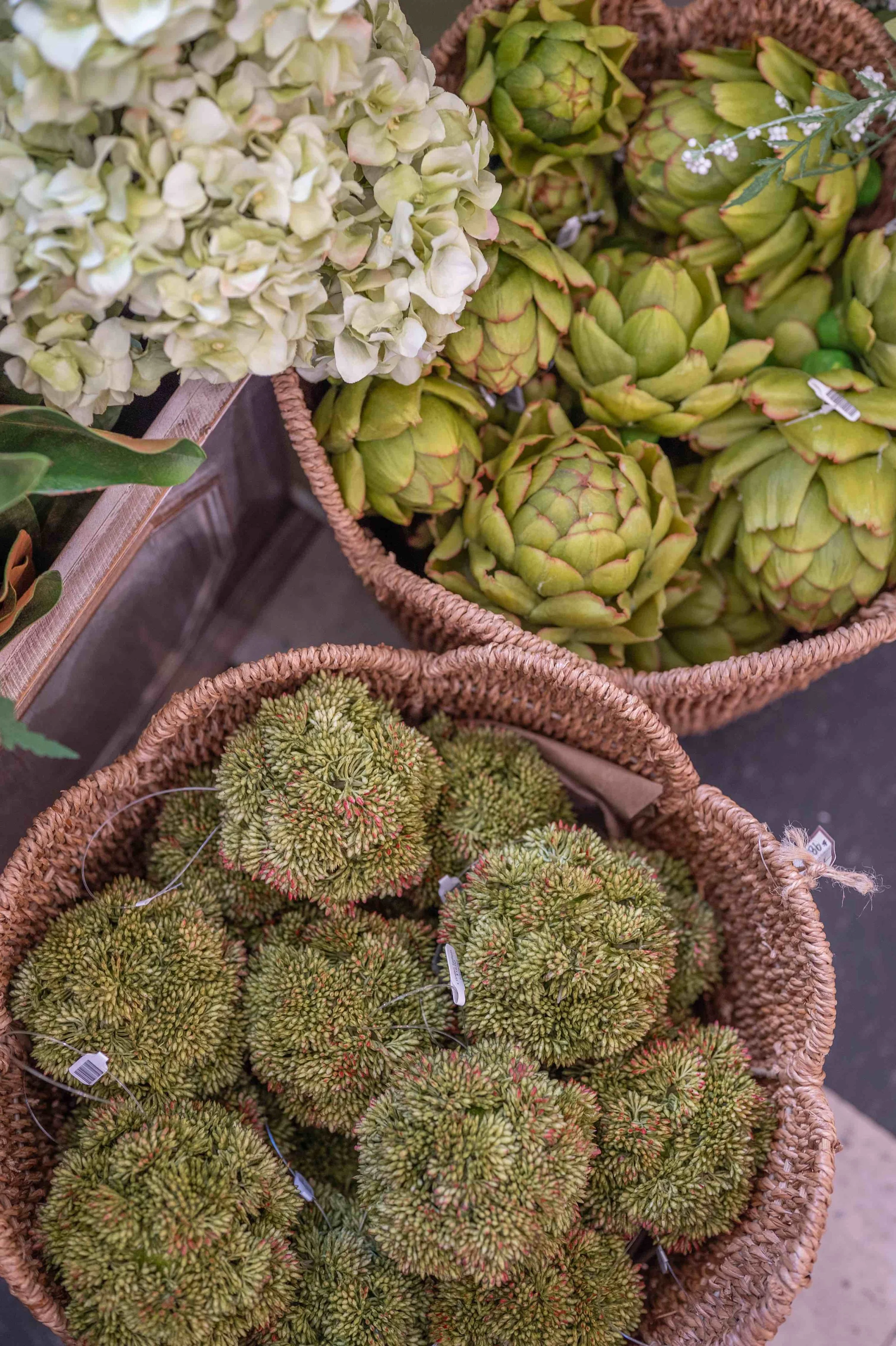Basket filled with green moss balls and a bunch of light-colored hydrangea flowers.