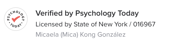 Psychology Today verification badge with the text "Verified by Psychology Today" and a checkmark, licensed by the State of New York, with the name Micaela Kong González.