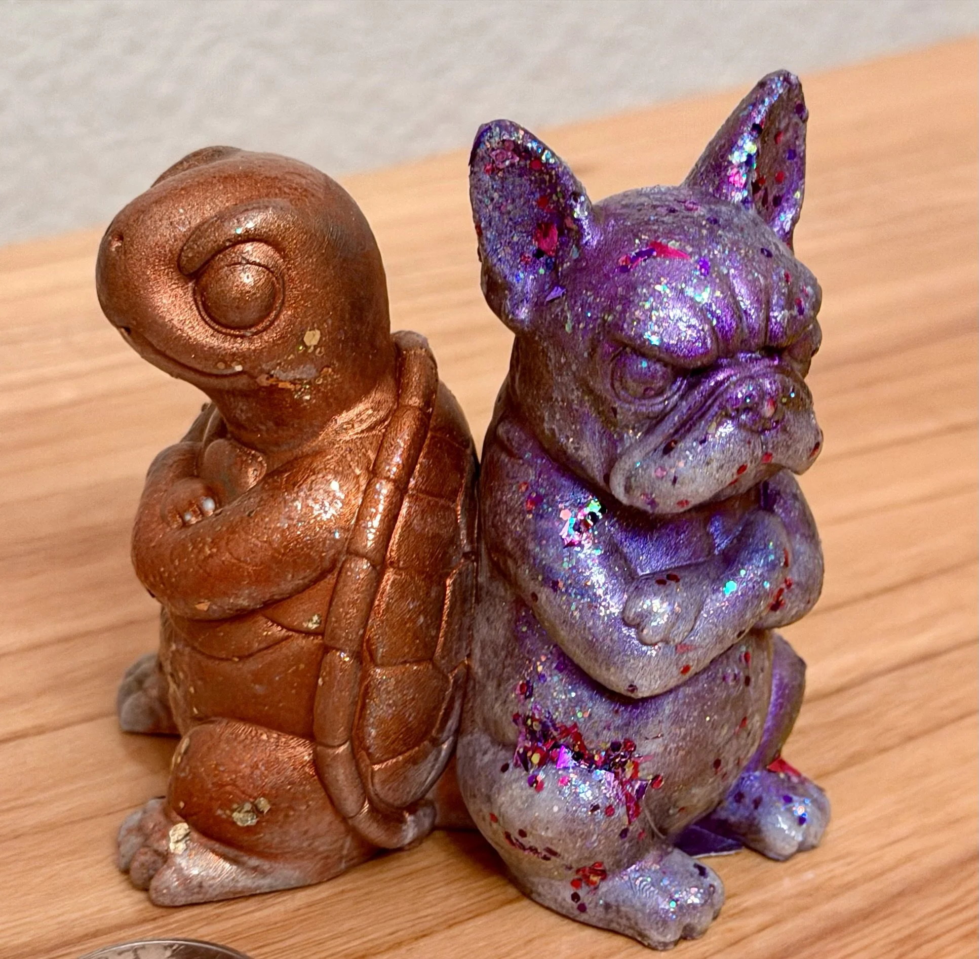 Whimsical Turtle & Frog Back-to-Back Resin Sculpture